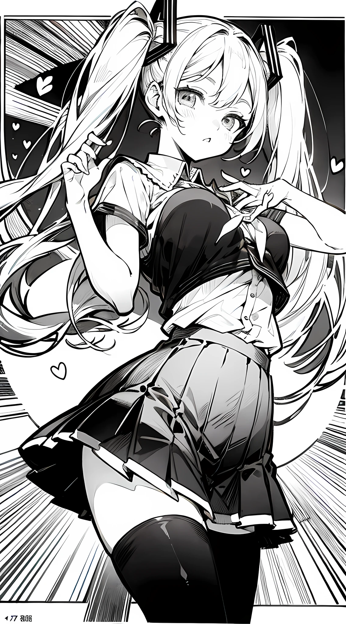 hatsune miku, japanese manga, manga page, high res, ultrasharp, 8k, masterpiece:1.2, manga panel, story, detailed eyes, intricate background, manga style, monochrome, twintail hair, extremely fine, detailed hand, schoolgirl uniform, 17 years age, medium boobs size, mini skirt, black tights, idol pose, heart shaped hands, less hands error