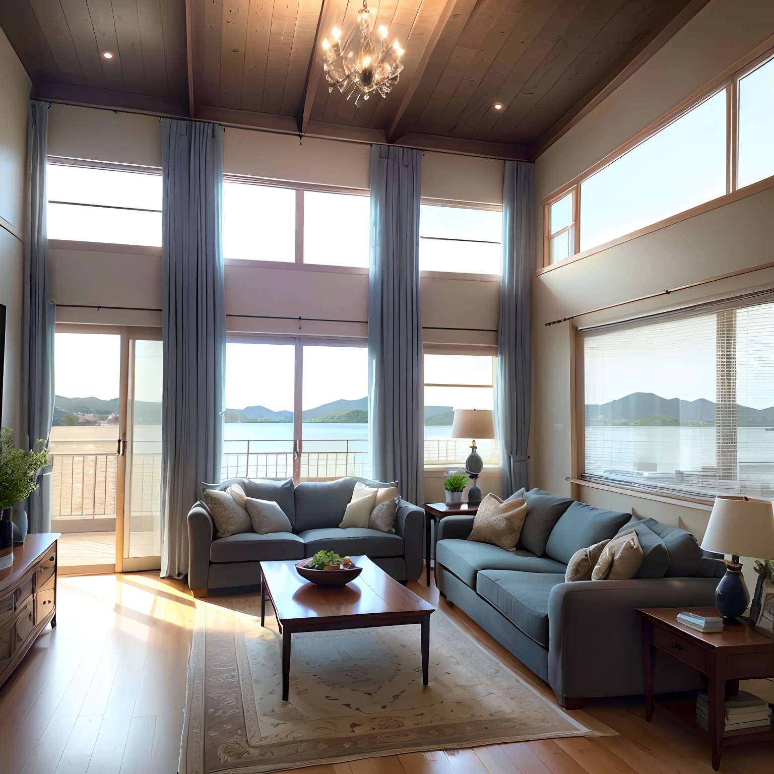 Large modern living room with terrace window and curtains in gray on the wave system