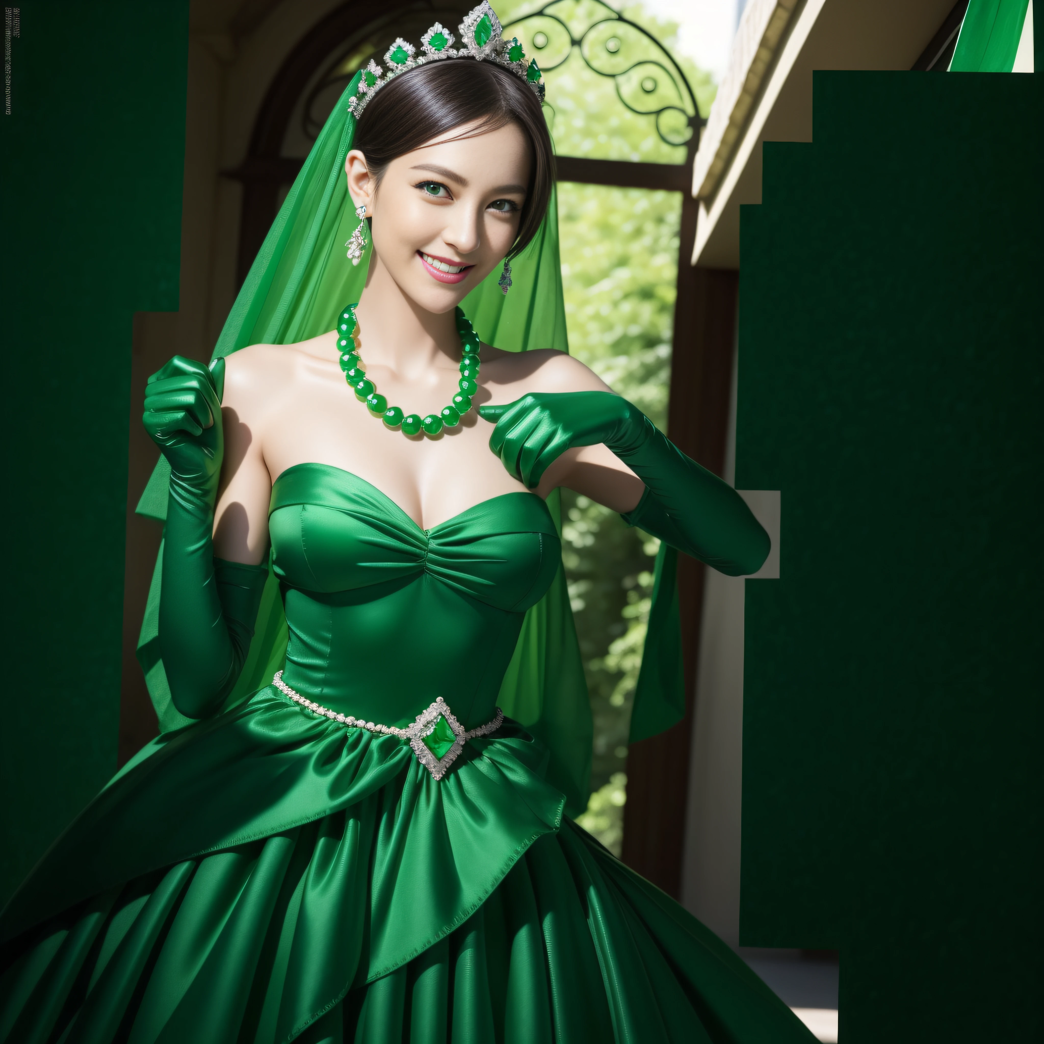 emerald tiara, Green Pearl Necklace, Boyish very short green hair, lipsticks, Japan woman smiling, very short short hair, big breasts beautiful, Green eyes, Long green gloves made of satin material, Green eyes, Emerald Earrings, Green dress