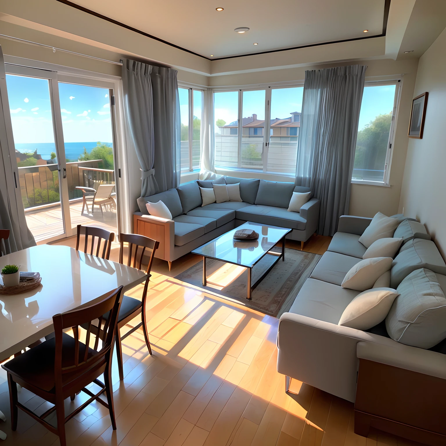 Large modern living room with terrace window and curtains in gray on the wave system