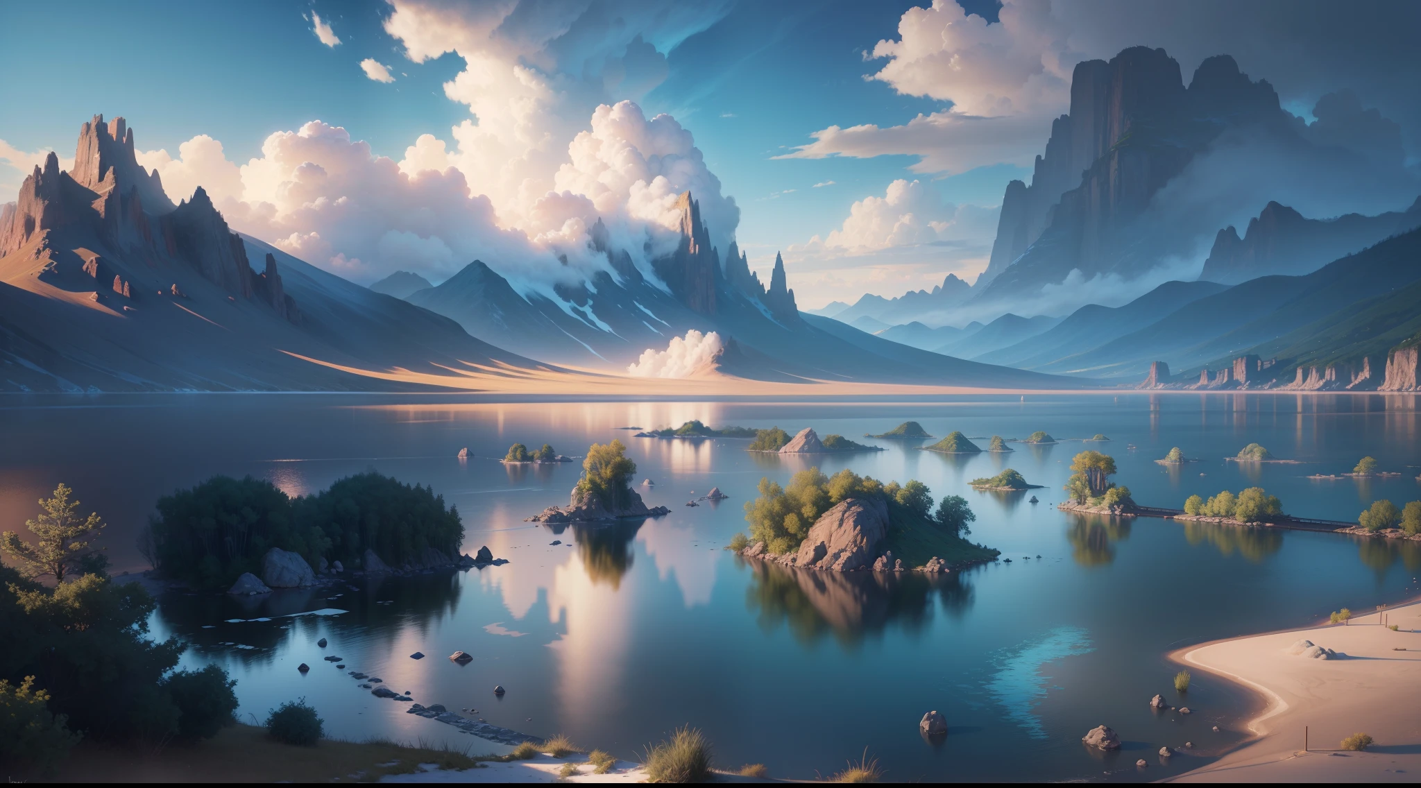 Disney Landscape, water, (very detailed CG unity 8k wallpaper), the most beautiful artwork in the world, professional majestic oil painting, intricate, high detail, clear focus, dramatic, realistic painting art, blue sky.