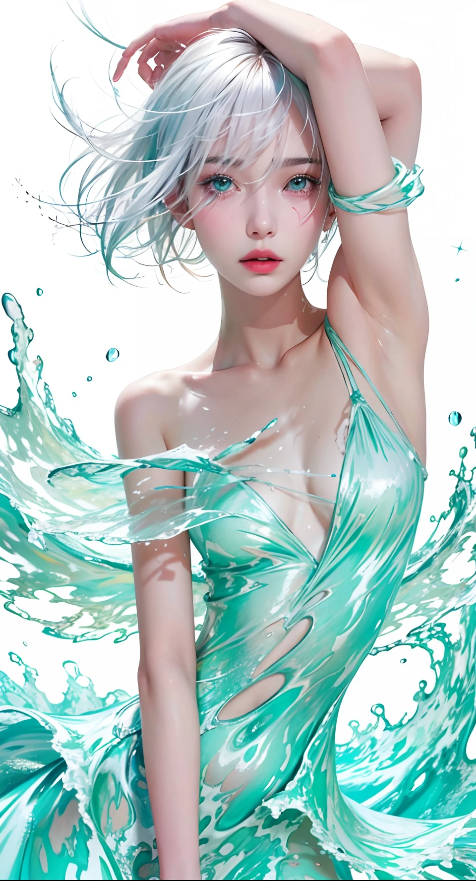 (Masterpiece, Best quality:1.2), 8K, 85mm, RAW photo, absurderes, White and cyan theme, (liquid clothes, Liquid dress:1.4), White hair, gradient dress, Delicate girl, Upper body, close-up face, Shiny skin, age uncensored, view the viewer, hdr, Sharp focus, Particle, twilight sky, Detailed eyes and face, White hair, Simple background,nakeness,Bigchest,Bare lower body,Bare breasts