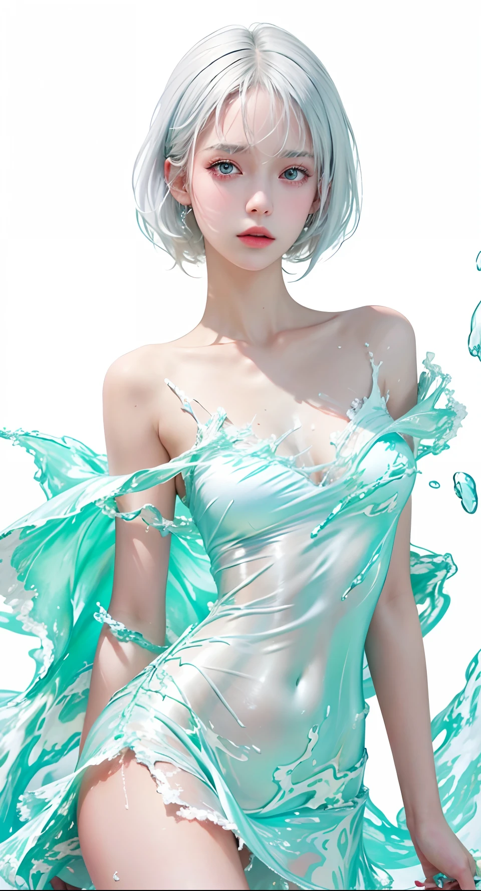 (Masterpiece, Best quality:1.2), 8K, 85mm, RAW photo, absurderes, White and cyan theme, (liquid clothes, Liquid dress:1.4), White hair, gradient dress, Delicate girl, Upper body, close-up face, Shiny skin, Teenage uncensored, view the viewer, hdr, Sharp focus, Particle, twilight sky, Detailed eyes and face, White hair, Simple background，nakeness，Bigchest，Bare lower body，Bare breasts