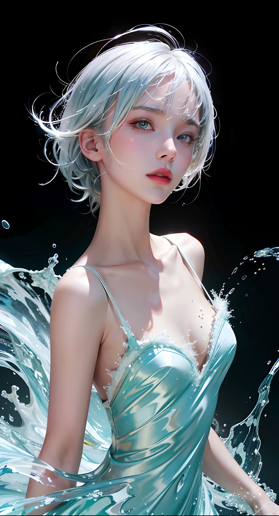 (Masterpiece, Best quality:1.2), 8K, 85mm, RAW photo, absurderes, White and cyan theme, (liquid clothes, Liquid dress:1.4), White hair, gradient dress, Delicate girl, Upper body, close-up face, Shiny skin, Teenage uncensored, view the viewer, hdr, Sharp focus, Particle, twilight sky, Detailed eyes and face, White hair, Simple background，nakeness，Bigchest，Bare lower body，Bare breasts