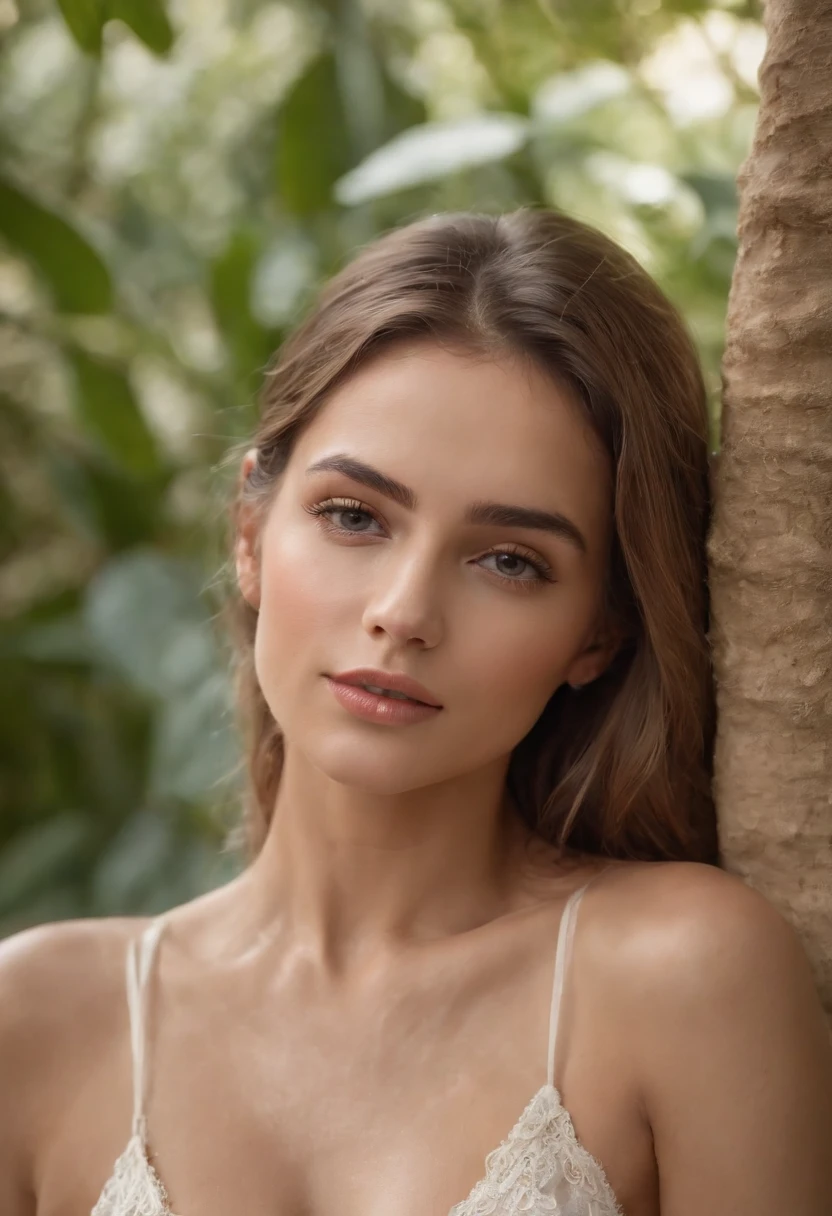 In a captivating jungle setting, A close-up photo captures the charm of an incredibly beautiful fitness girl. Ella se para con el pelo rubio suelto, adornado con delicadas enredaderas, Disfrutando del resplandor radiante del sol. The scene is vivid and rich, presented in 8K resolution for optimal quality.Its captivating charm is accentuated by the transparent sleepwear that tastefully hints at its features..... La imagen es una obra maestra que juega con la luz y la sombra, lograr un contraste y una profundidad de campo sorprendentes. Attention to detail extends to your face, reflejando matices realistas en el estilo que recuerda a SamDoesArts.Esta imagen deslumbrante celebra la belleza natural y el encanto, encapsulando la esencia de un momento encantador en medio de la exuberante jungla.A stunning uncensored portrait of a captivating woman in an intimate solo scene. Ella posee una belleza notable, with impeccable features and aura. Su cabello, blanco y peinado en una cola de caballo con puntas de color y cabello interno
