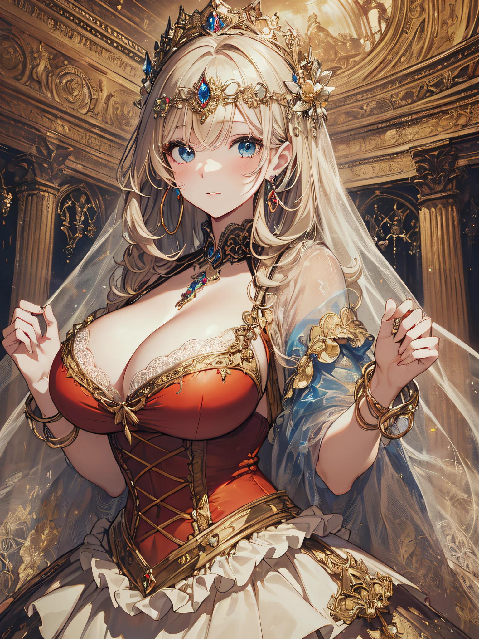 ((anime artstyle)),(Masterpiece),(Best Quality), (Super Detail),((Very Delicate and Beautiful)),1 girl,((full body portrait)),standing in palace of versailles,((solo)),cute,kawaii,digital art,(((1 princess in gorgeous princess rococo ballgown with voluminous full length hoop skirt))),((crinoline)),long train,((beautiful embroidery and jeweled)),voluminous frills,See-through,(gorgeous embroidery and beautiful lace),(((gigantic tits,,Long tits,skindentation))),((large amount of straight hair,extremely voluminous Hair,Very Long Straight Hair)),((finely detailed face and eyes)),clear pupil,extremely gorgeousfull hair ornament,(bling-bling jeweled extremely gorgeousfull tiara),(bling-bling gorgeous gemstone jewelry),long veil,(beautiful background),full body,((gorgeous princess rococo ballgown with voluminous full length hoop skirt))