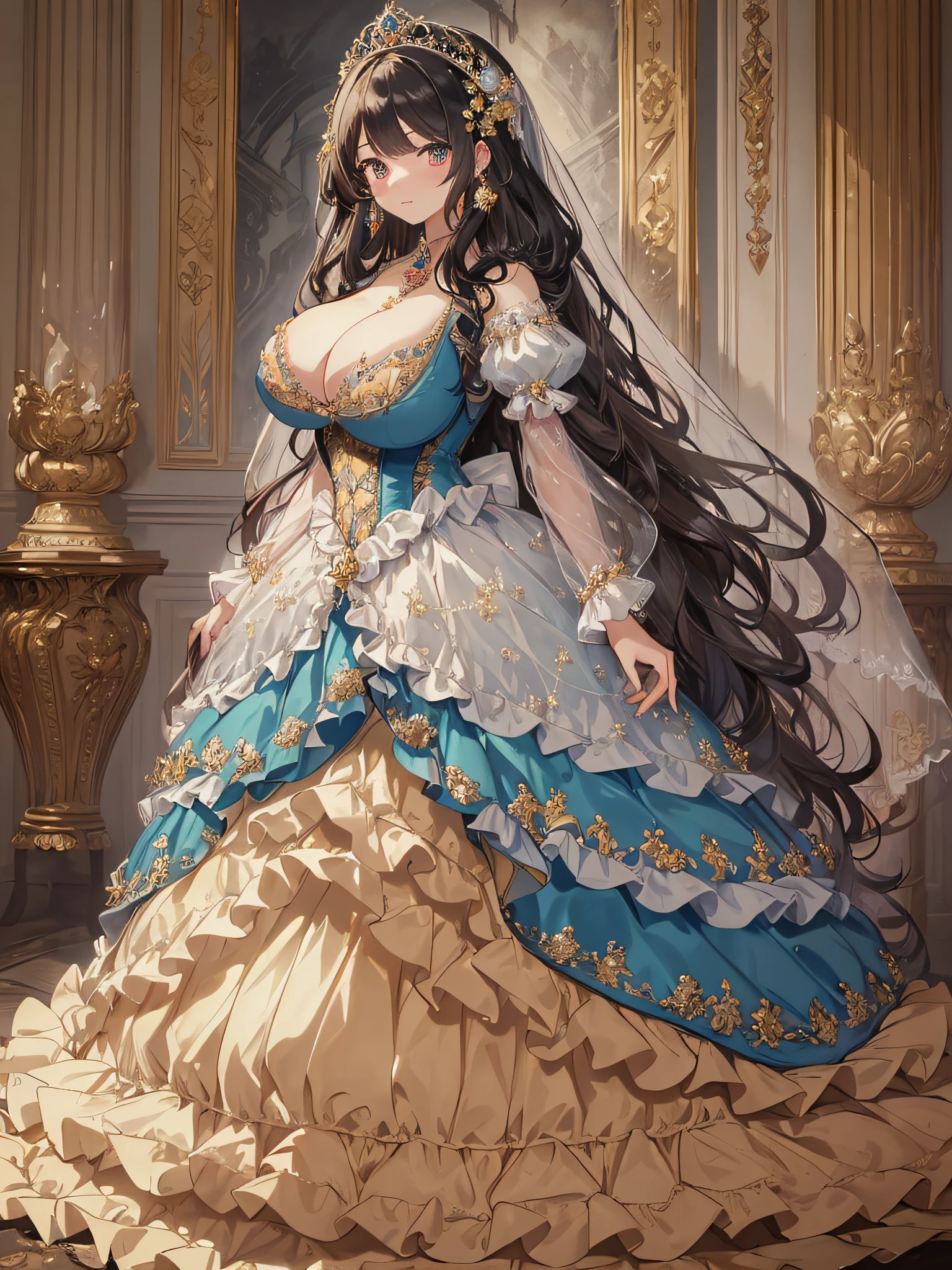 ((anime artstyle)),(Masterpiece),(Best Quality), (Super Detail),((Very Delicate and Beautiful)),1 girl,((full body portrait)),standing in palace of versailles,((solo)),cute,kawaii,digital art,(((1 princess in gorgeous princess rococo ballgown with voluminous full length hoop skirt))),((crinoline)),long train,((beautiful embroidery and jeweled)),voluminous frills,See-through,(gorgeous embroidery and beautiful lace),(((gigantic tits,,Long tits,skindentation))),((large amount of straight hair,extremely voluminous Hair,Very Long Straight Hair)),((finely detailed face and eyes)),clear pupil,extremely gorgeousfull hair ornament,(bling-bling jeweled extremely gorgeousfull tiara),(bling-bling gorgeous gemstone jewelry),long veil,(beautiful background),full body,((gorgeous princess rococo ballgown with voluminous full length hoop skirt))