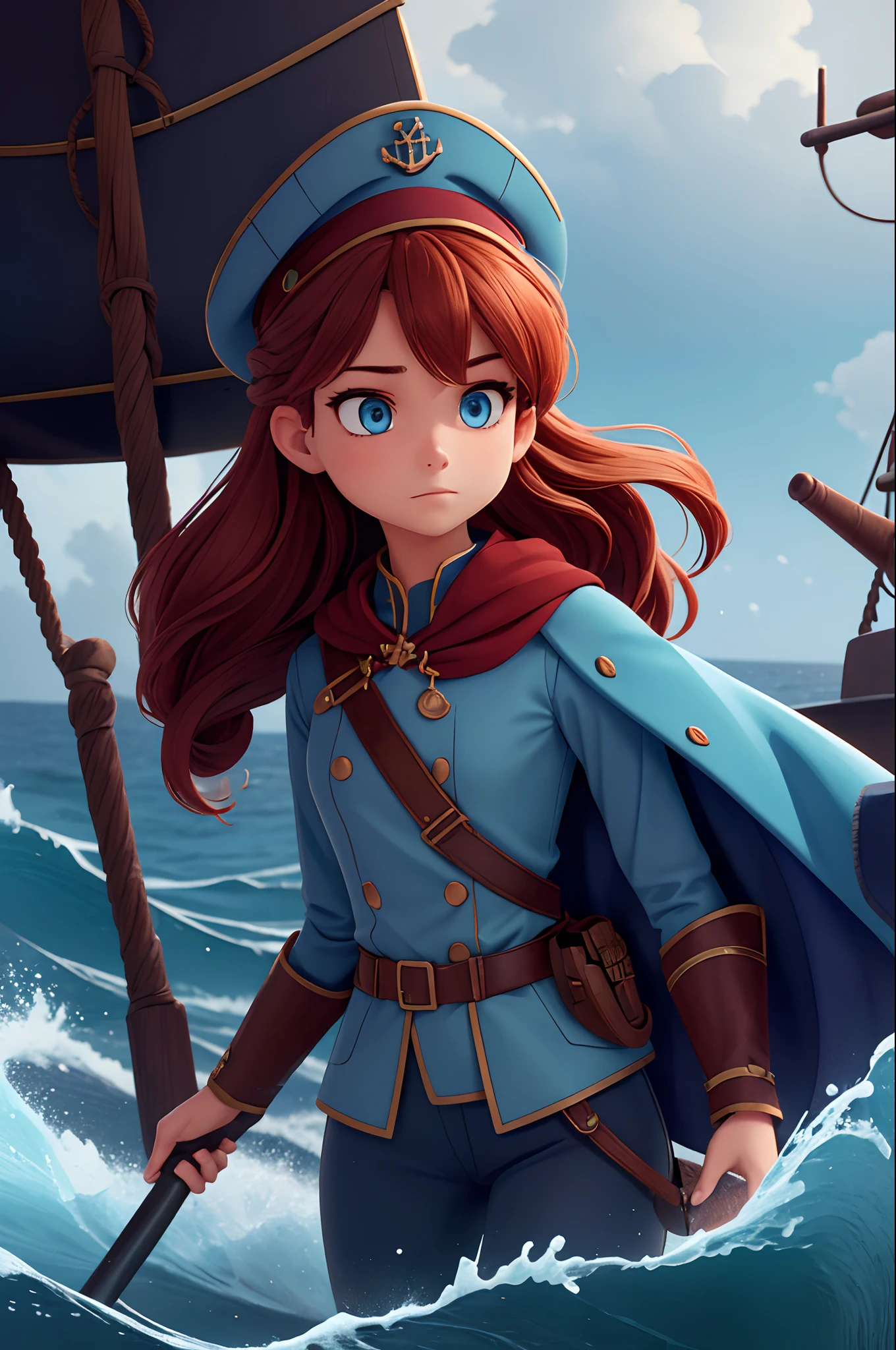 (A small chest:1.3),(masterpiece, best quality:1.4), (beautiful, aesthetic, perfect, delicate, intricate:1.2), 1 girl, adult (elven:0.7) woman,  light blue eyes, copper half-up half-down hairstyle, solo, upper body, looking down, detailed background, ship captain, serious, dark red captain uniform, elegant cloak, captain hat, decorations, dynamic pose, on deck of ship, anchor, waves on the horizon, dawn, dramatic lighting, epic atmosphere,