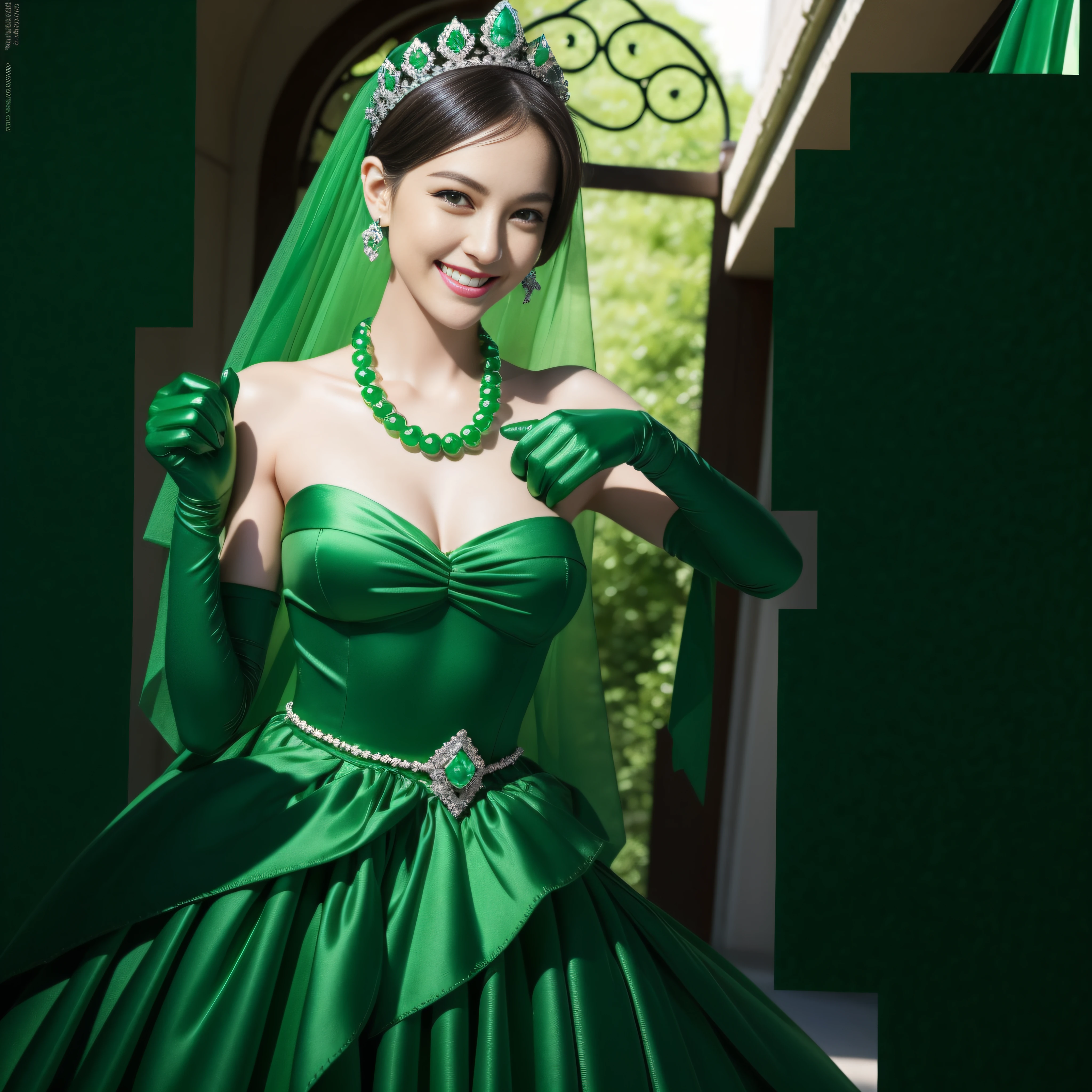 emerald tiara, Green Pearl Necklace, Boyish very short black hair, lipsticks, Japan woman smiling, very short short hair, big breasts beautiful, Green eyes, Long green gloves made of satin material, Green eyes, Emerald Earrings, Green dress