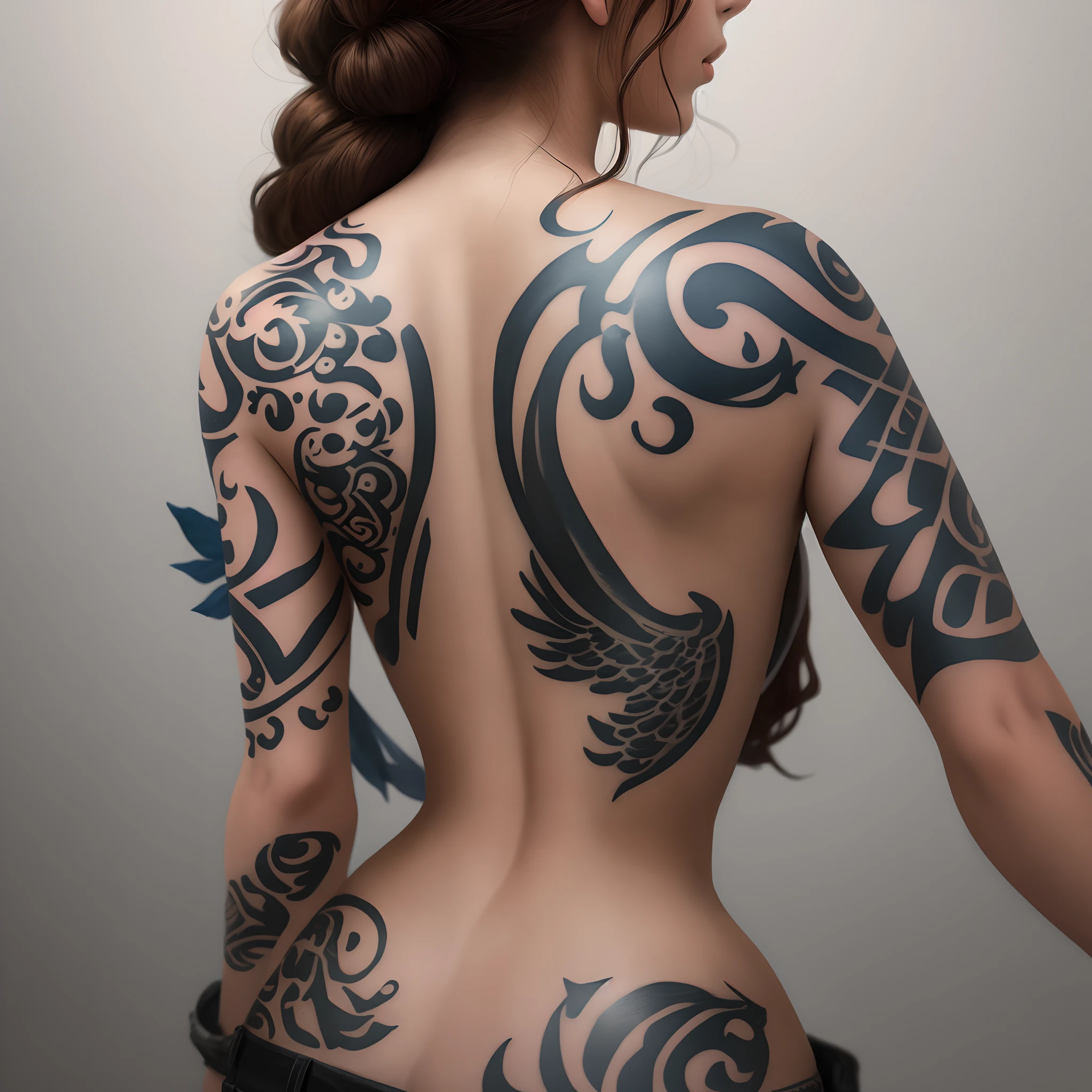 Beautiful brunette with shoulder-length hair turned back with a tattoo along the spine