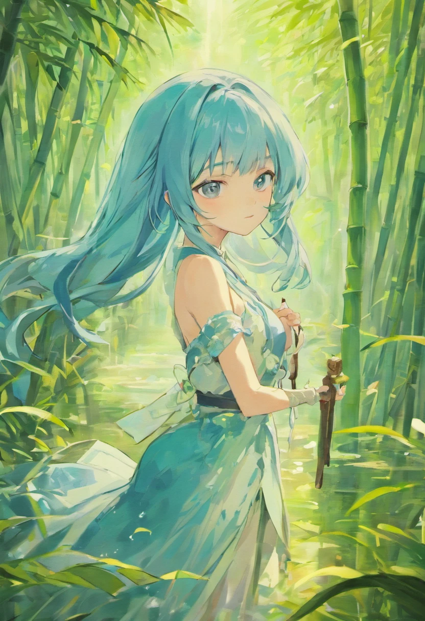 Masterpiece, Best Quality, Official Art, 8k Wallpaper, Very Detailed, Illustration, 1 Girl, Sky Blue Hair, Long Hair, Detailed Eyes, Forrest Gump, Bare Shoulders, Hanfu, Lake, Pure, Soft Smile, bamboo, tea