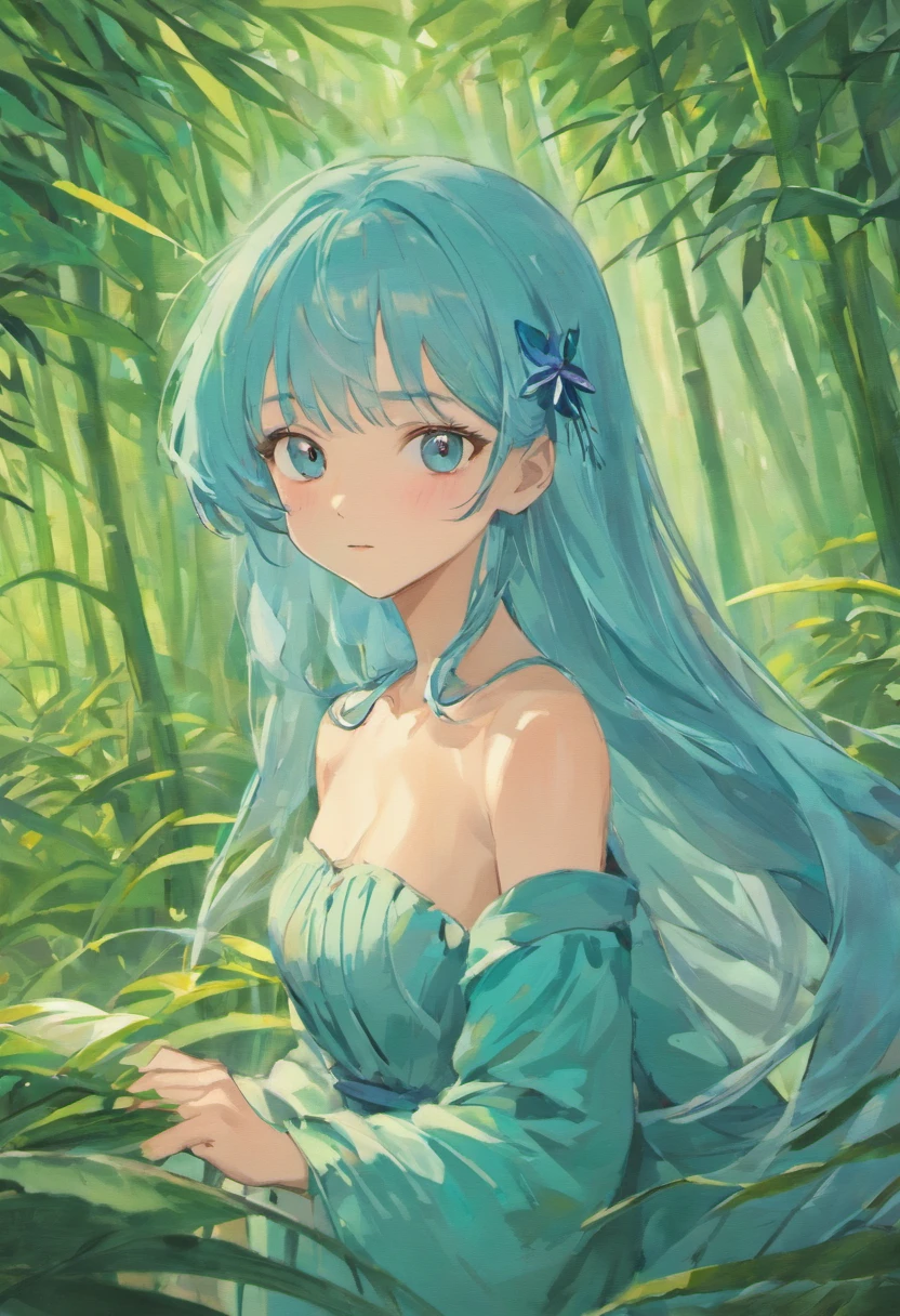 girl, Inspired by a tranquil garden, colorful animated still images, masami teraoka, big breasts,Aquamarine, Paul Gauguin