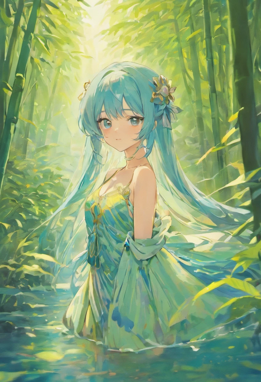 Masterpiece, Best Quality, Official Art, 8k Wallpaper, Very Detailed, Illustration, 1 Girl, Sky Blue Hair, Long Hair, Detailed Eyes, Forrest Gump, Bare Shoulders, Hanfu, Lake, Pure, Soft Smile, bamboo, tea