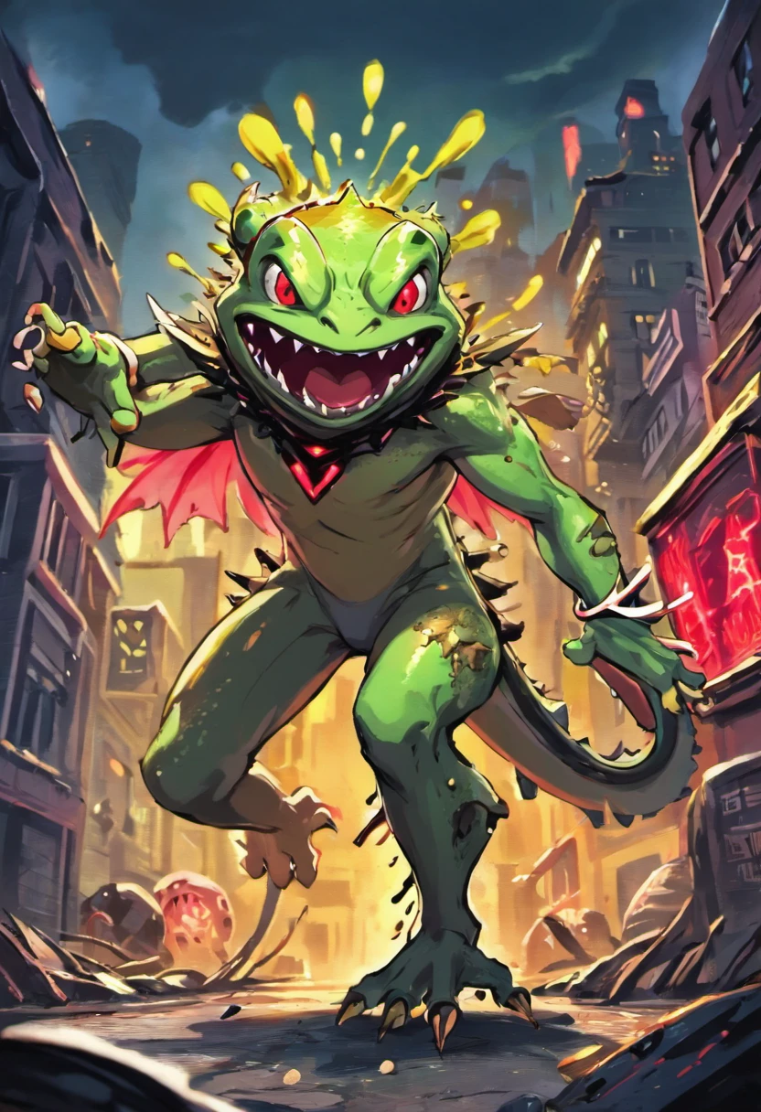 scary frog monster, skinny shape, lizard-like monster, green scale covering the whole body, big leafs running through the body, two tails with spikes at the end, sharp claws and fangs, red neon eyes, destroying a city, with a ruined city in the background ((concept art))