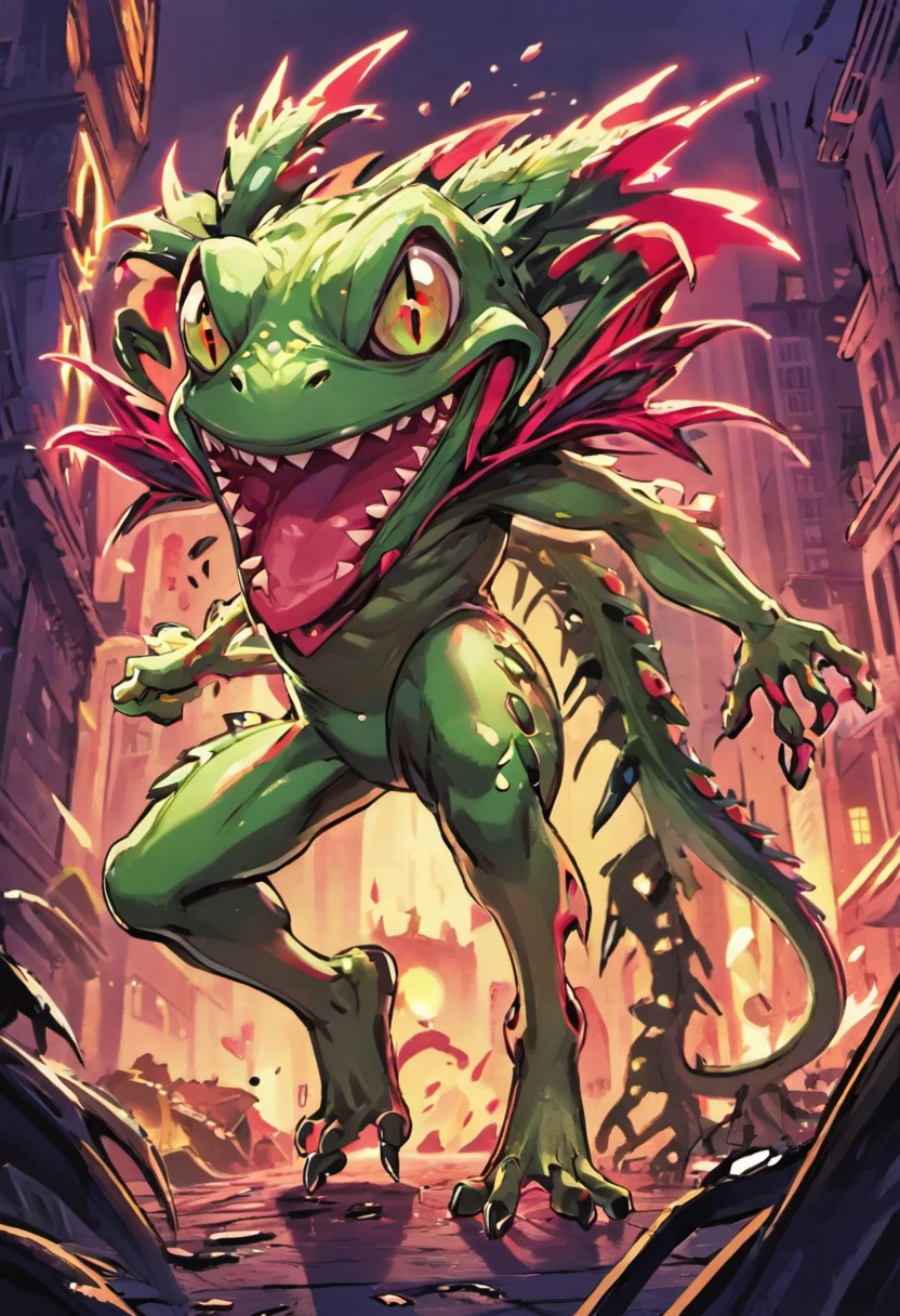 scary frog monster, skinny shape, lizard-like monster, green scale covering the whole body, big leafs running through the body, two tails with spikes at the end, sharp claws and fangs, red neon eyes, destroying a city, with a ruined city in the background ((concept art))