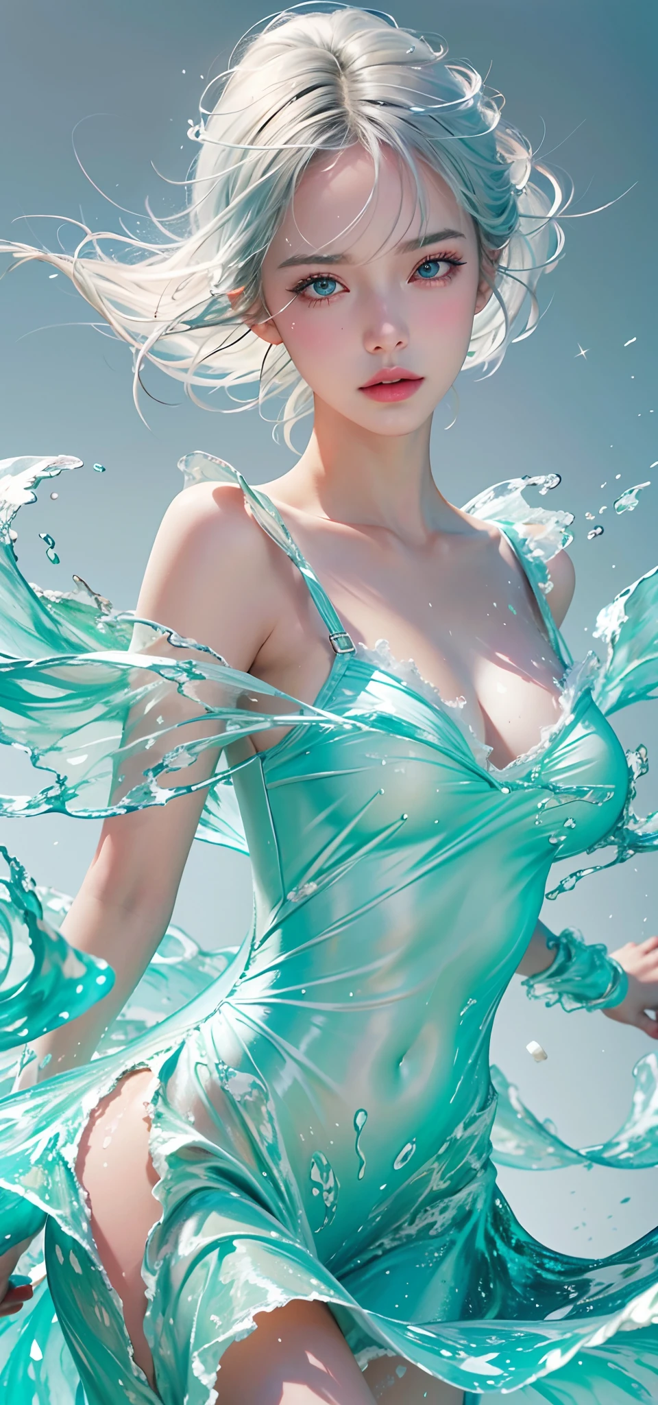 (Masterpiece, Best quality:1.2), 8K, 85mm, RAW photo, absurderes, White and cyan theme, (liquid clothes, Liquid dress:1.4), White hair, gradient dress, Delicate girl, Upper body, close-up face, Shiny skin, Married Woman, view the viewer, hdr, Sharp focus, Particle, twilight sky, Detailed eyes and face, White hair, Simple background,nakeness,extremely large bosom,Bare lower body,Bare breasts