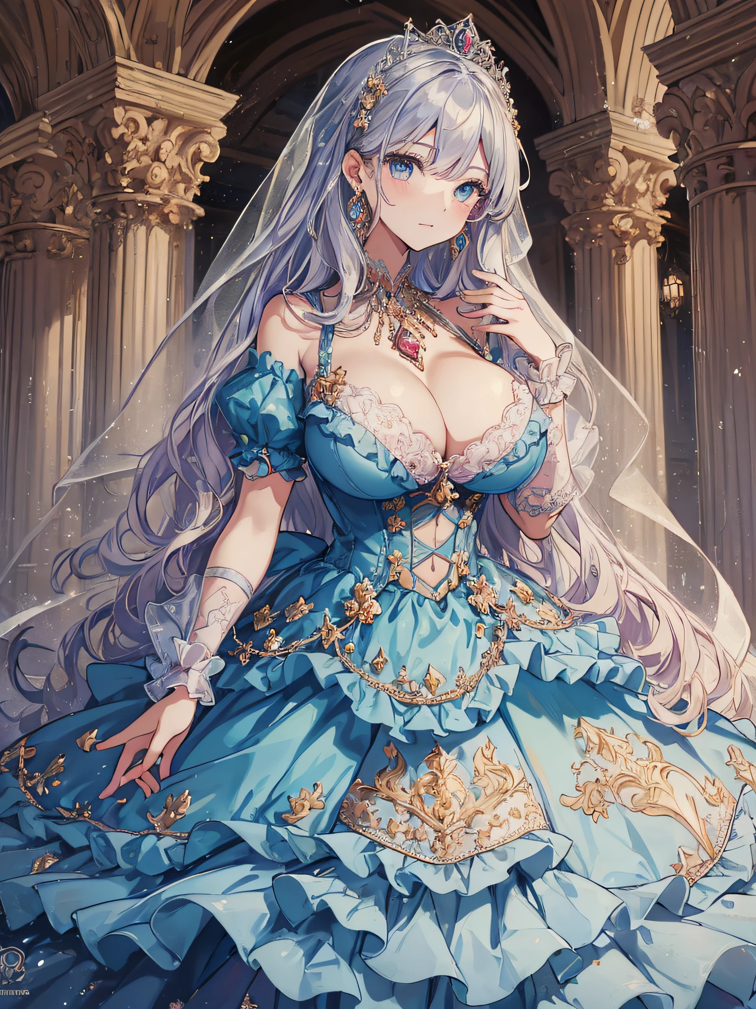 ((anime artstyle)),(Masterpiece),(Best Quality), (Super Detail),((Very Delicate and Beautiful)),1 girl,((full body portrait)),standing in palace of versailles,((solo)),cute,kawaii,digital art,(((1 princess in gorgeous princess rococo ballgown with voluminous full length hoop skirt))),((crinoline)),long train,((beautiful embroidery and jeweled)),voluminous frills,See-through,(gorgeous embroidery and beautiful lace),(((gigantic tits,Long tits,skindentation))),((large amount of straight hair,extremely voluminous Hair,Very Long Straight Hair)),((finely detailed face and eyes)),clear pupil,extremely gorgeousfull hair ornament,(bling-bling jeweled extremely gorgeousfull tiara),(bling-bling gorgeous gemstone jewelry),long veil,(beautiful background),full body,((gorgeous princess rococo ballgown with voluminous full length hoop skirt))