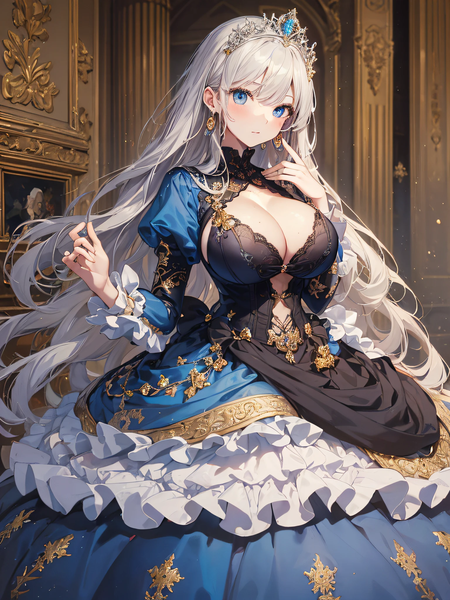 ((anime artstyle)),(Masterpiece),(Best Quality), (Super Detail),((Very Delicate and Beautiful)),1 girl,((full body portrait)),standing in palace of versailles,((solo)),cute,kawaii,digital art,(((1 princess in gorgeous princess rococo ballgown with voluminous full length hoop skirt))),((crinoline)),long train,((beautiful embroidery and jeweled)),voluminous frills,See-through,(gorgeous embroidery and beautiful lace),(((gigantic tits,Long tits,skindentation))),((large amount of straight hair,extremely voluminous Hair,Very Long Straight Hair)),((finely detailed face and eyes)),clear pupil,extremely gorgeousfull hair ornament,(bling-bling jeweled extremely gorgeousfull tiara),(bling-bling gorgeous gemstone jewelry),long veil,(beautiful background),full body,((gorgeous princess rococo ballgown with voluminous full length hoop skirt))