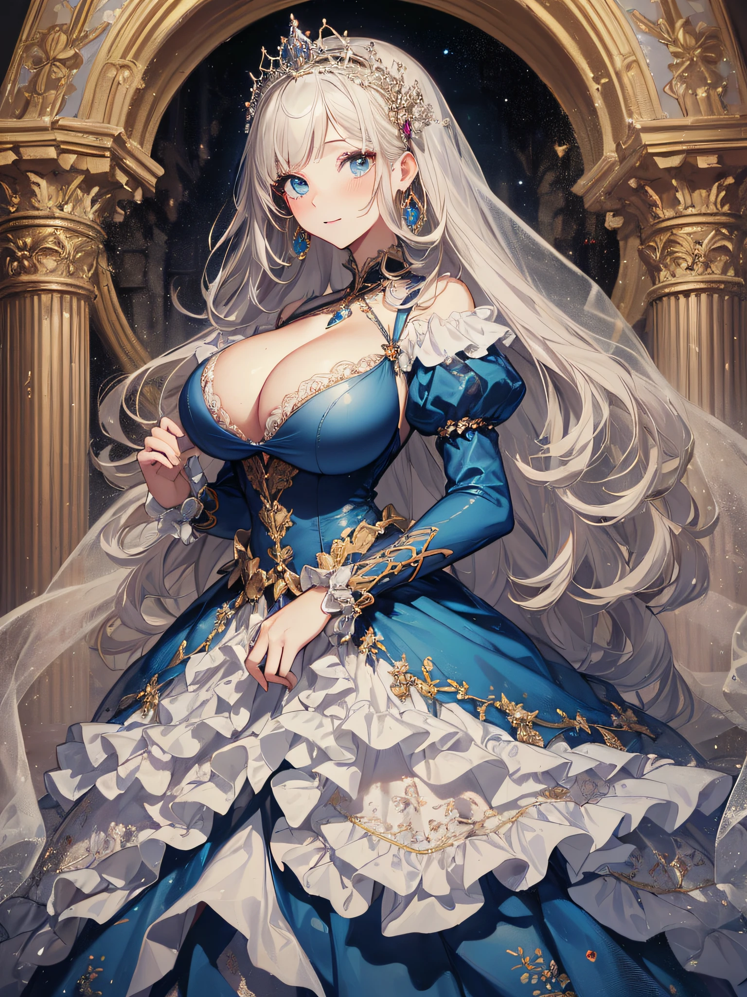 ((anime artstyle)),(Masterpiece),(Best Quality), (Super Detail),((Very Delicate and Beautiful)),1 girl,((full body portrait)),standing in palace of versailles,((solo)),cute,kawaii,digital art,(((1 princess in gorgeous princess rococo ballgown with voluminous full length hoop skirt))),((crinoline)),long train,((beautiful embroidery and jeweled)),voluminous frills,See-through,(gorgeous embroidery and beautiful lace),(((gigantic tits,Long tits,skindentation))),((large amount of straight hair,extremely voluminous Hair,Very Long Straight Hair)),((finely detailed face and eyes)),clear pupil,extremely gorgeousfull hair ornament,(bling-bling jeweled extremely gorgeousfull tiara),(bling-bling gorgeous gemstone jewelry),long veil,(beautiful background),full body,((gorgeous princess rococo ballgown with voluminous full length hoop skirt))