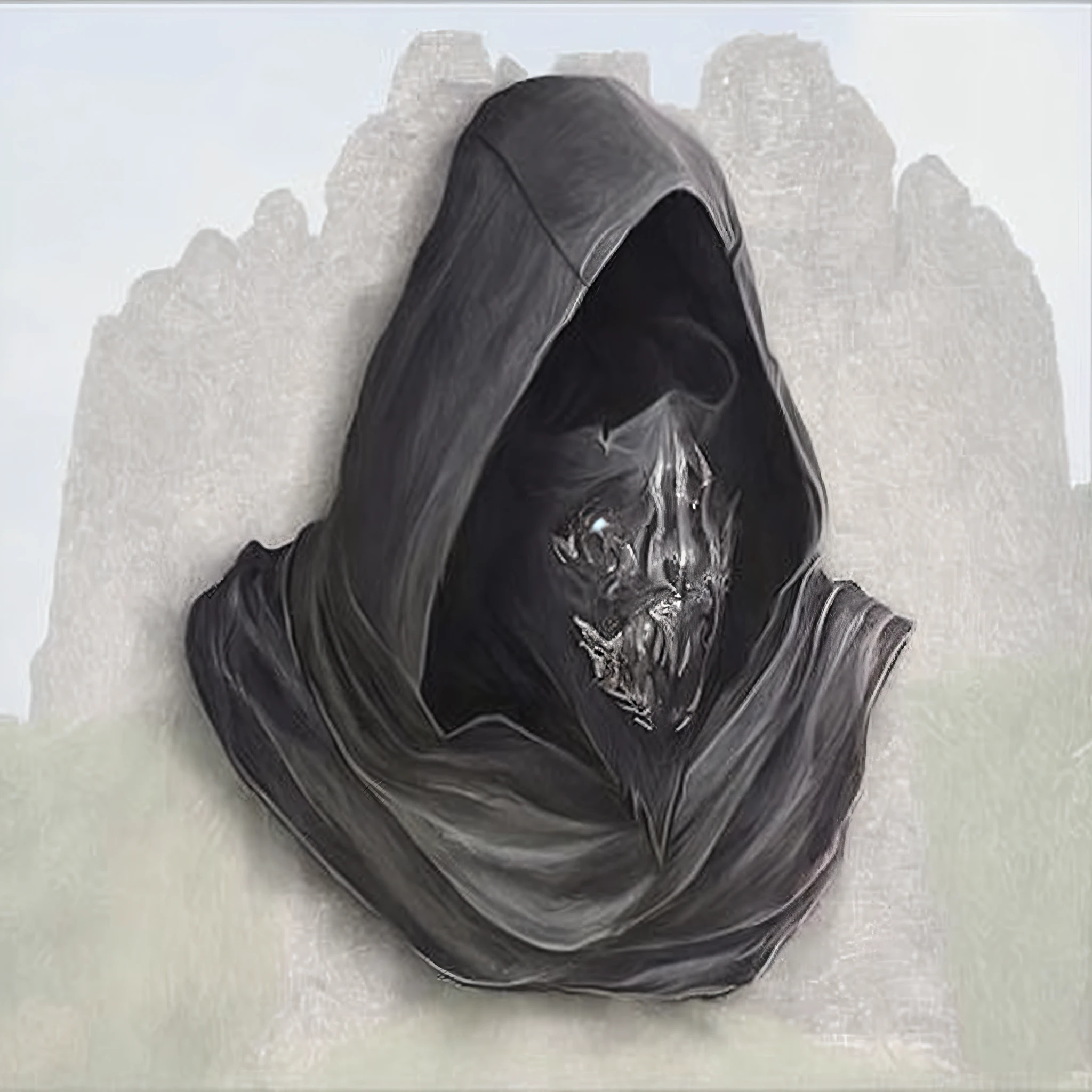 arafed image of a hooded man with a hood on, dark hooded wraith, corvo attano, crow skull knight helmet, hooded skull, hooded cloaked sith lord, hood, dark helmet, nazgul, hooded figure, dark robe, dark cloaked figure, cloak covering face, cloaked, dark cloaked necromancer