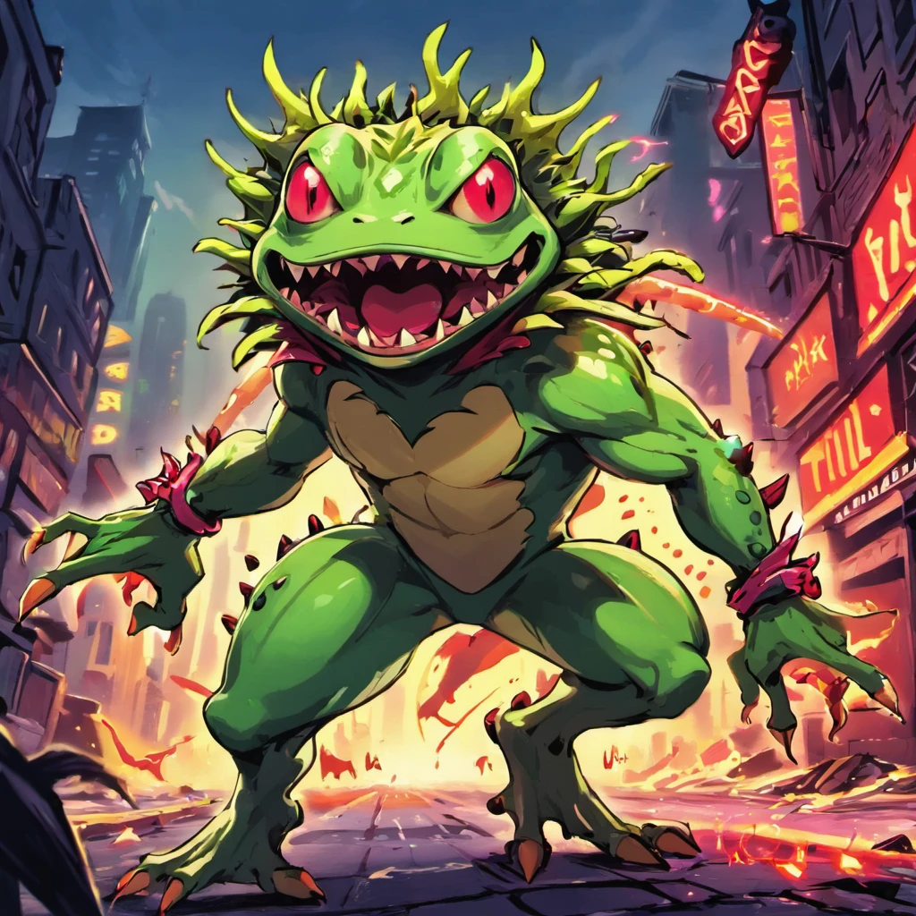 scary frog monster, skinny shape, lizard-like monster, green scale covering the whole body, big leafs running through the body, two tails with spikes at the end, sharp claws and fangs, red neon eyes, destroying a city, with a ruined city in the background ((concept art))
