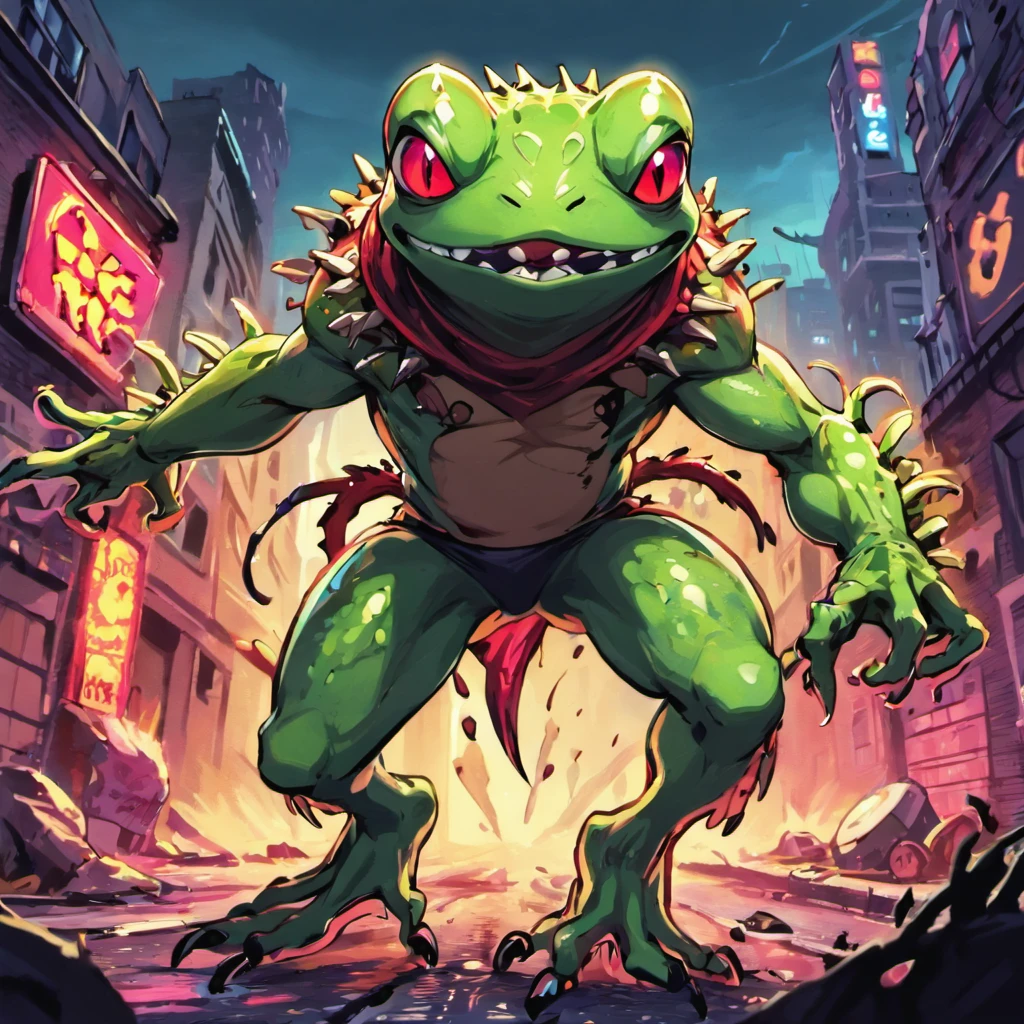 scary frog monster, skinny shape, lizard-like monster, green scale covering the whole body, big leafs running through the body, two tails with spikes at the end, sharp claws and fangs, red neon eyes, destroying a city, with a ruined city in the background ((concept art))
