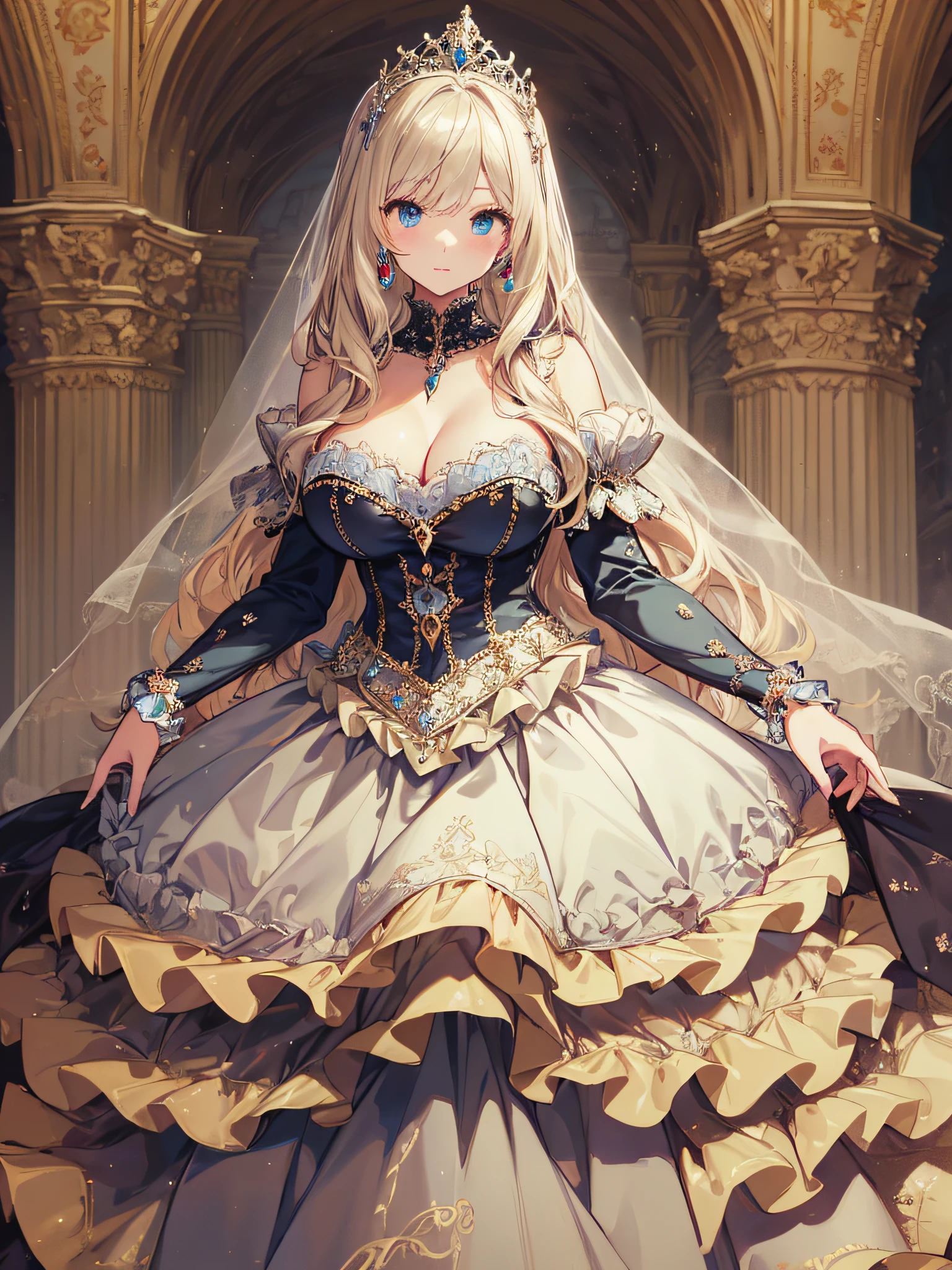 ((anime artstyle)),(Masterpiece),(Best Quality), (Super Detail),((Very Delicate and Beautiful)),1 girl,((full body portrait)),standing in palace of versailles,((solo)),cute,kawaii,digital art,(((1 princess in gorgeous princess rococo ballgown with voluminous full length hoop skirt))),((crinoline)),long train,((beautiful embroidery and jeweled)),voluminous frills,See-through,(gorgeous embroidery and beautiful lace),(((gigantic tits,Long tits,skindentation))),((large amount of straight hair,extremely voluminous Hair,Very Long Straight Hair)),((finely detailed face and eyes)),clear pupil,extremely gorgeousfull hair ornament,(bling-bling jeweled extremely gorgeousfull tiara),(bling-bling gorgeous gemstone jewelry),long veil,(beautiful background),full body,((gorgeous princess rococo ballgown with voluminous full length hoop skirt))