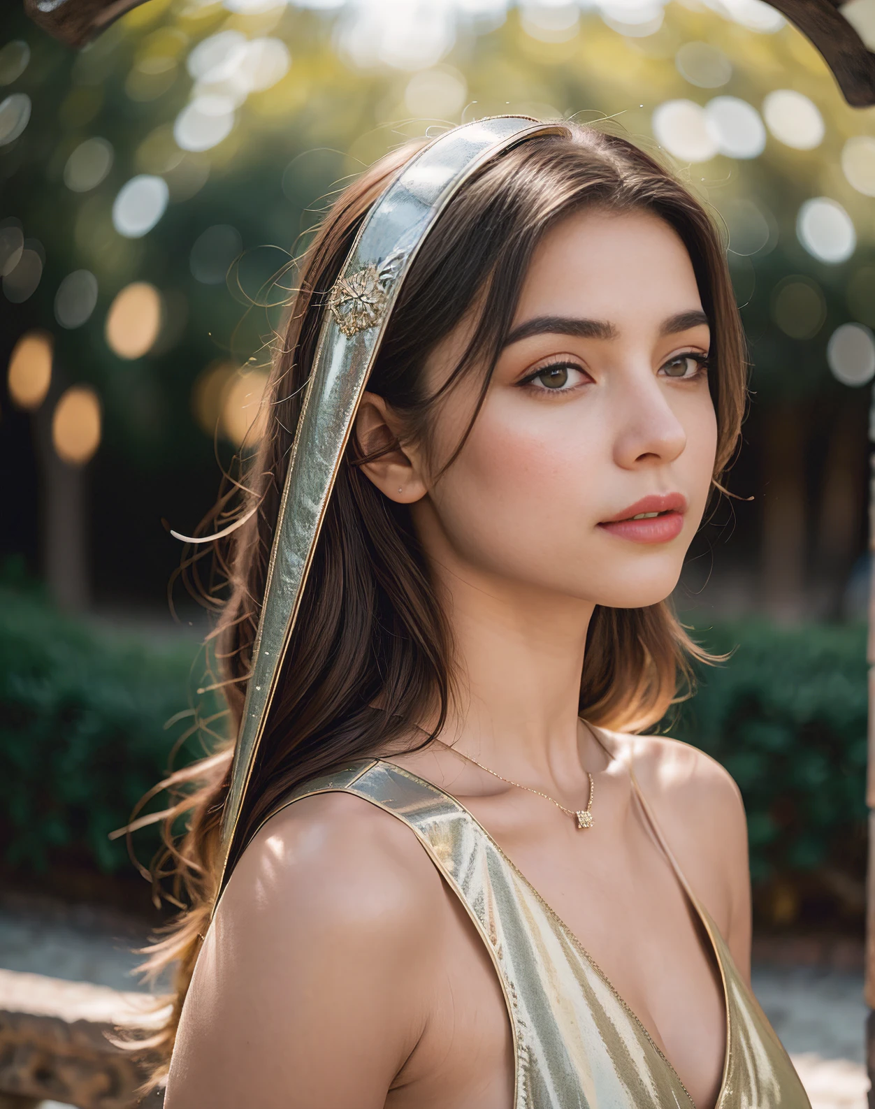 (obra maestra), (extremadamente intrincado:1.3),, (realista), Portrait photo of a young girl, The most beautiful in the world, (armadura medieval), metallic reflections, parte superior del cuerpo, Al aire libre, Luz solar intensa, Castillo lejano, Professional photograph of a stunning and detailed woman, foco nítido, dramatic, galardonado, cinematic lighting, Renderizado de octanaje, motor irreal, DTX volumetry, (Film grain, Bokeh, primer plano borroso, fondo borroso), cresta en el pecho