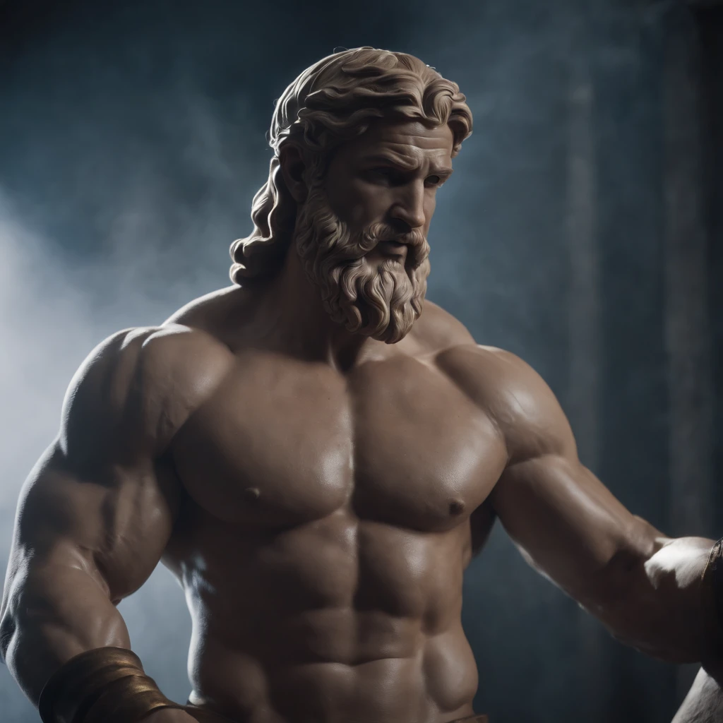 Hercules style zeus statue, 8k, cinematic dark background