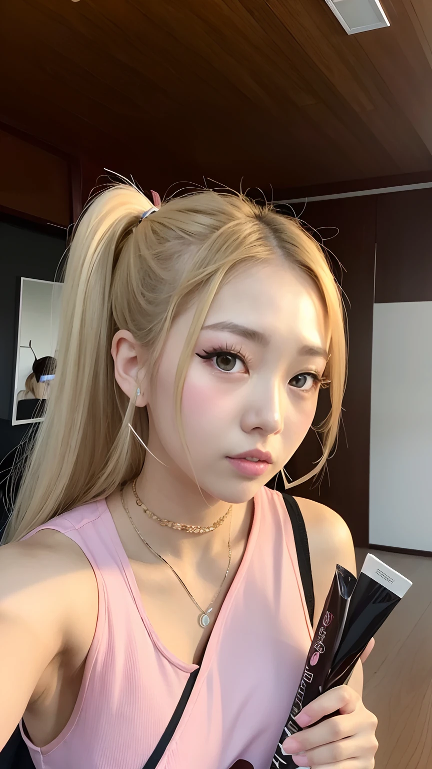 Popular makeup, flaxen ponytail、sleeve less、Sleeveless、Big、Popular Korean Makeup, ulzzangs, roseanne park of blackpink, One adorable Japan human face, Choi Hong Hwa, beautiful Korean women, Korean Girl, Young adorable Korean face, 8K selfie photo, sakimichan, Jinyoung Shin, korean face features