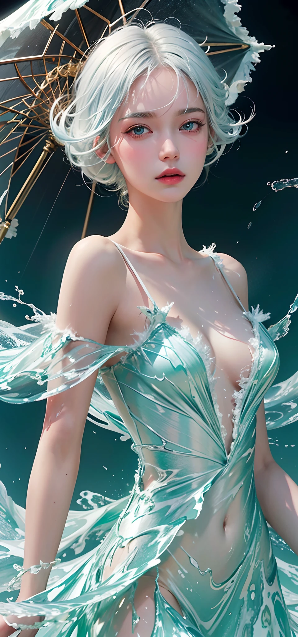 (Masterpiece, Best quality:1.2), 8K, 85mm, RAW photo, absurderes, White and cyan theme, (liquid clothes, Liquid dress:1.4), White hair, gradient dress, Delicate girl, Upper body, close-up face, Shiny skin, Married Woman, view the viewer, hdr, Sharp focus, Particle, twilight sky, Detailed eyes and face, White hair, Simple background,nakeness,plumw,extremely large bosom,Bare lower body,Bare breasts