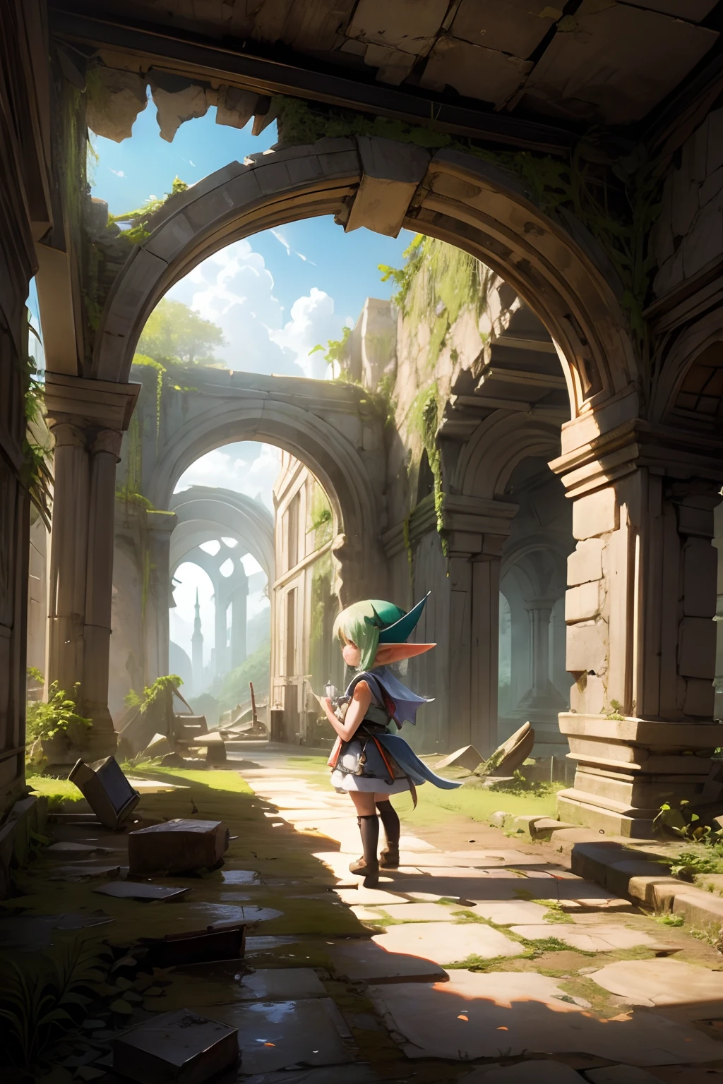 Chibi elf girl exploring ruins