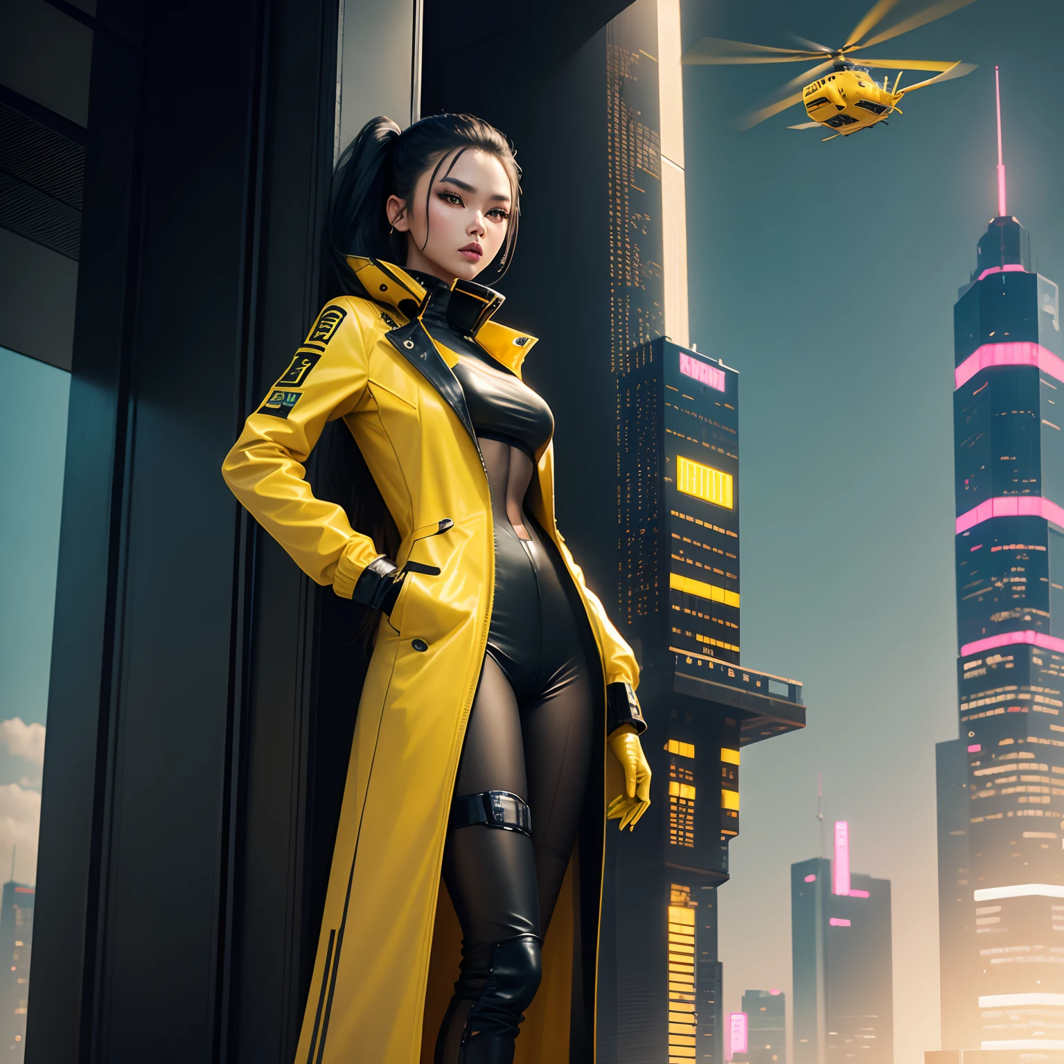 Asian fashion model is posing in futuristic cyberpunk outfit with yellow and black colors while standing on top of skyscraper with helicopter flying by