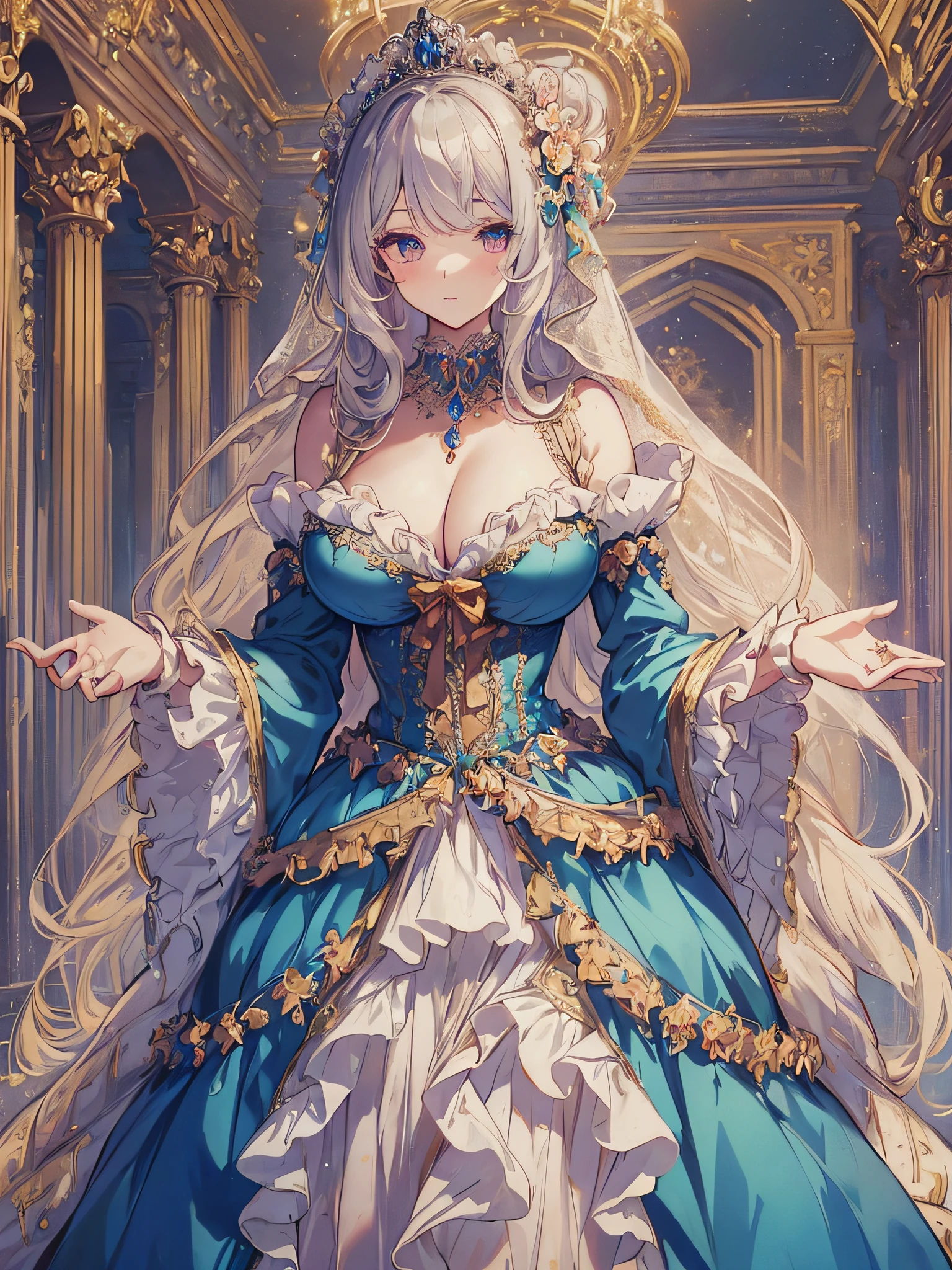 ((anime artstyle)),(Masterpiece),(Best Quality), (Super Detail),((Very Delicate and Beautiful)),1 girl,((full body portrait)),standing in palace of versailles,((solo)),digital art,(((1 princess in gorgeous princess rococo ballgown with voluminous full length hoop skirt))),crinoline,long train,(((gigantic tits,Long tits,skindentation))),((beautiful embroidery and jeweled)),voluminous frills,See-through,(gorgeous embroidery and beautiful lace),((large amount of straight hair,extremely voluminous Hair,Very Long Straight Hair)),((finely detailed face and eyes)),clear pupil,extremely gorgeousfull hair ornament,(bling-bling jeweled extremely gorgeousfull tiara),(bling-bling gorgeous gemstone jewelry),long veil,(beautiful background),full body,((gorgeous princess rococo ballgown with voluminous full length hoop skirt))