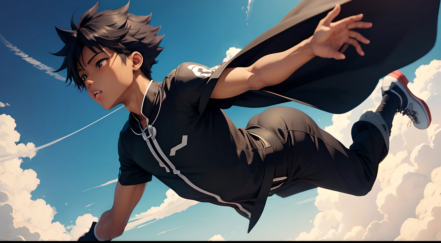 anime black boy side view, floating in the air