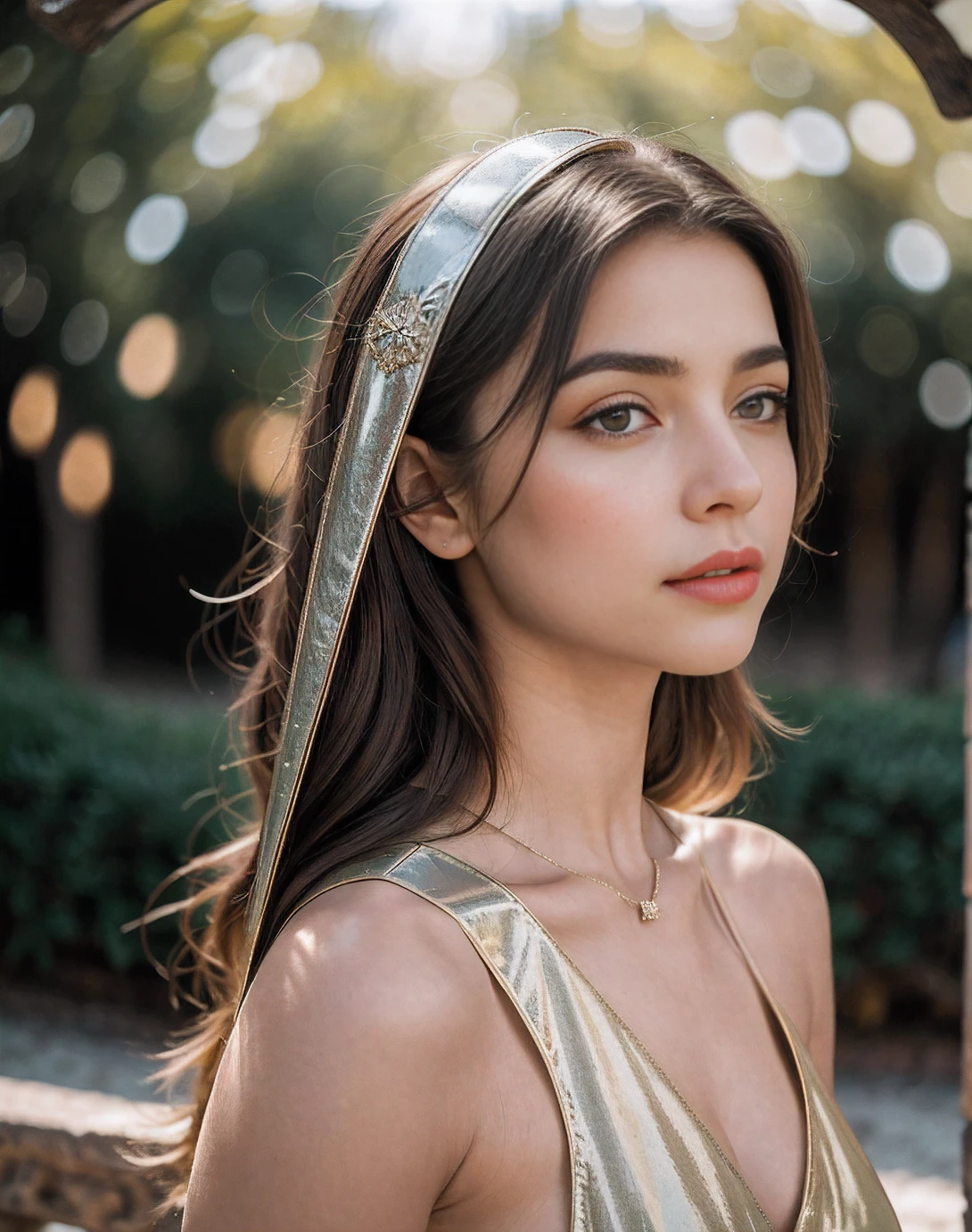(obra maestra), (extremadamente intrincado:1.3),, (realista), Portrait photo of a young girl, The most beautiful in the world, (armadura medieval), metallic reflections, parte superior del cuerpo, Al aire libre, Luz solar intensa, Castillo lejano, Professional photograph of a stunning and detailed woman, foco nítido, dramatic, galardonado, cinematic lighting, Renderizado de octanaje, motor irreal, DTX volumetry, (Film grain, Bokeh, primer plano borroso, fondo borroso), cresta en el pecho