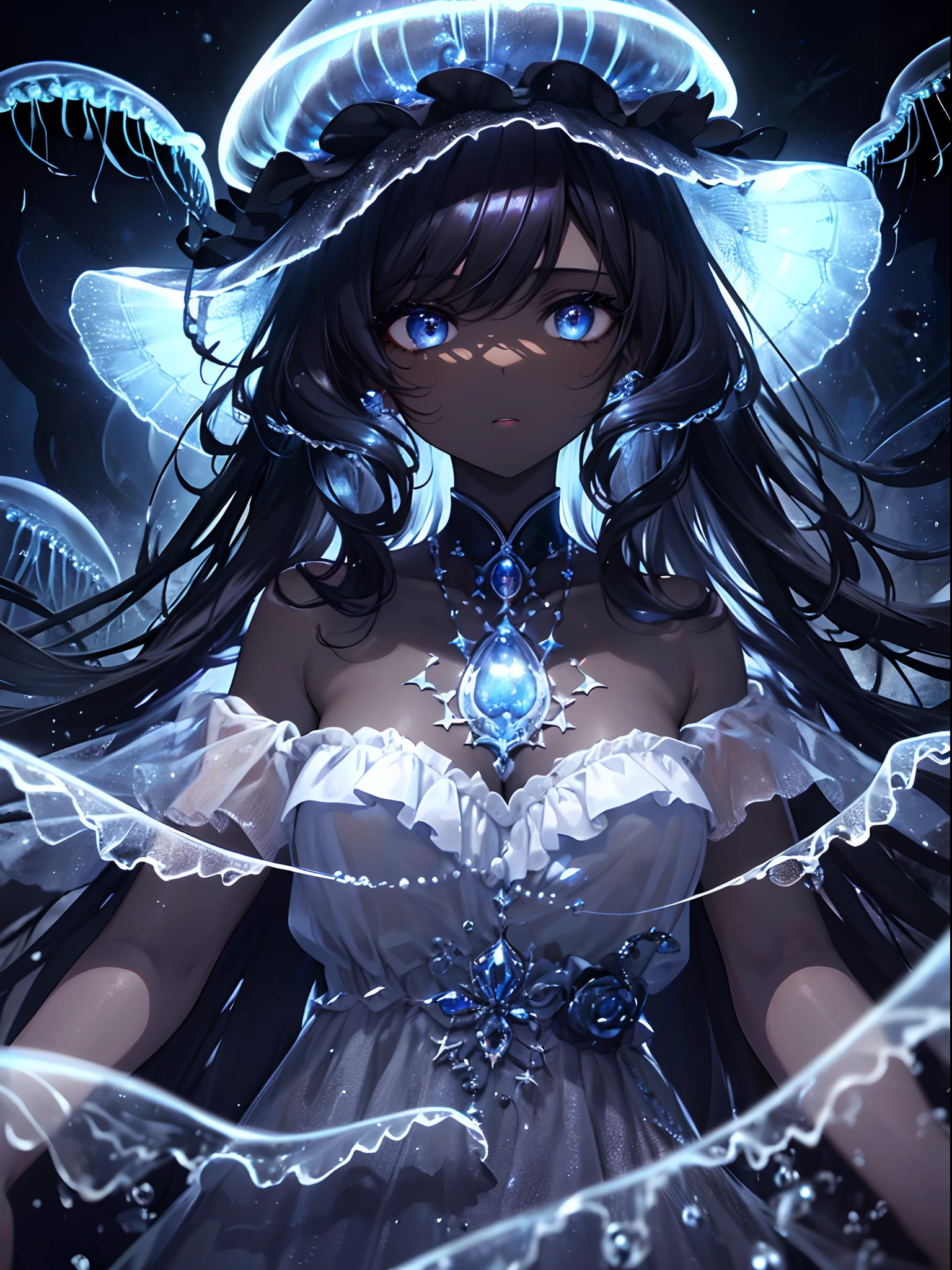 (Masterpiece, Best quality, ultra high resolution),1girl, ultra dark black hair,(mane,long hair,curly hair),(jellyfish girl),(Brown skin, dark skin),beautiful and detailed face, detailed eyes,(grey and blue theme), night,in the dark cave