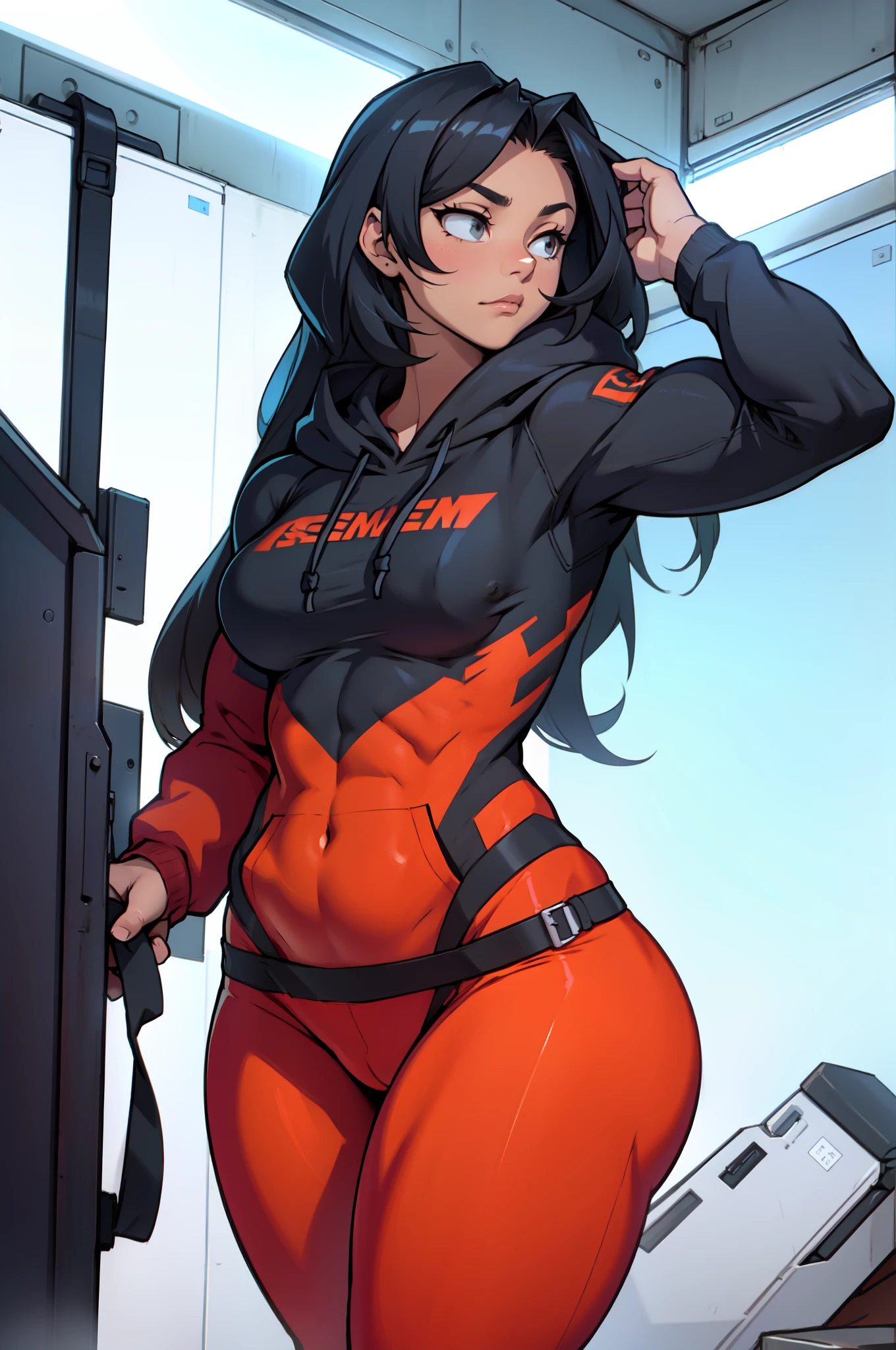 extremely long hair perfect anatomy 1 girl tall solo curvy ((muscular)) hoodie leggings toned body