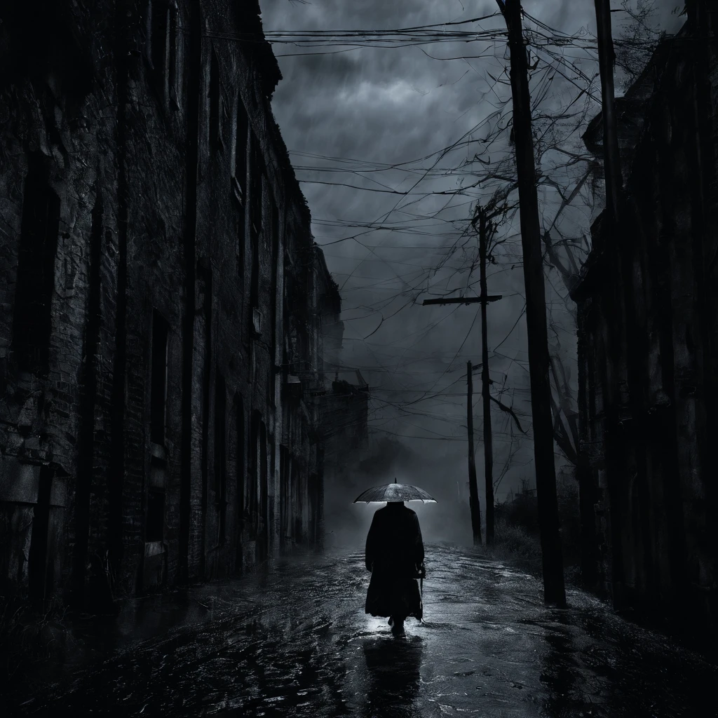 Um homem e uma mulher em uma noite de inverno, Standing running on rain-wet terrain on a cobblestone street. Ela, vestido com um longo vestido branco. The scene is captured from afar.. The fog on the floor adds a suspenseful environment to the image.  The woman's dress is completely wet, grudando ao corpo. The lightning in the dark night sky creates an atmosphere of terror. The image is of the best quality, com recursos ultra-detalhados e um, estilo fotorrealista. Poucas cores se destacam em um ambiente noturmo, chuvoso e de muito terror.