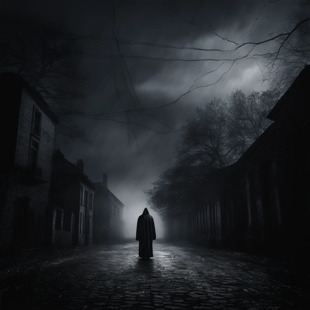 Um homem e uma mulher em uma noite de inverno, Standing running on rain-wet terrain on a cobblestone street. Ela, vestido com um longo vestido branco. The scene is captured from afar.. The fog on the floor adds a suspenseful environment to the image.  The woman's dress is completely wet, grudando ao corpo. The lightning in the dark night sky creates an atmosphere of terror. The image is of the best quality, com recursos ultra-detalhados e um, estilo fotorrealista. Poucas cores se destacam em um ambiente noturmo, chuvoso e de muito terror.