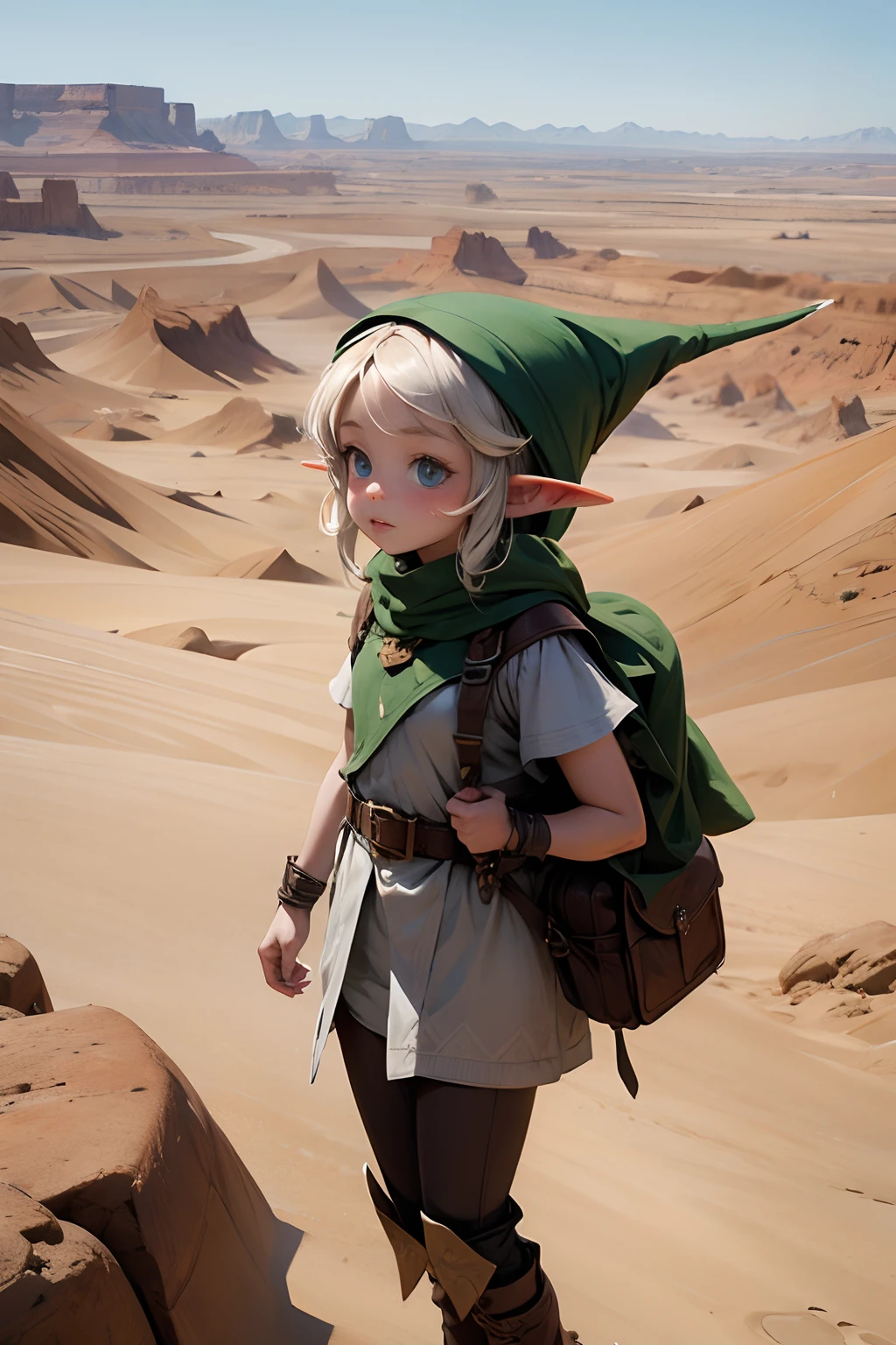 Little elf girl explores the desert