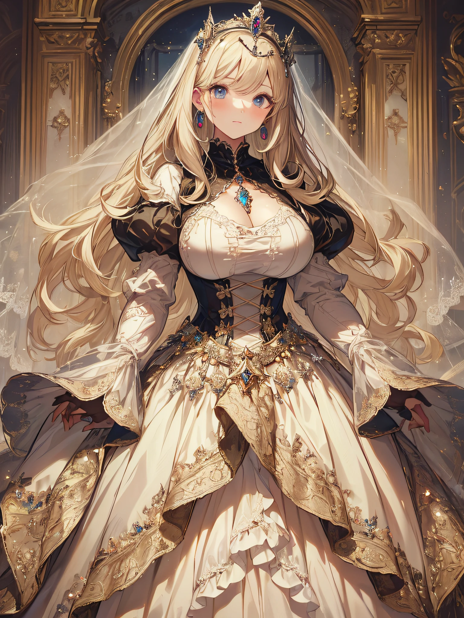 ((anime artstyle)),(Masterpiece),(Best Quality), (Super Detail),((Very Delicate and Beautiful)),1 girl,((full body portrait)),standing in palace of versailles,((solo)),digital art,(((1 princess in gorgeous princess rococo ballgown with voluminous full length hoop skirt))),crinoline,long train,(((gigantic tits,very huge tits,Long tits,skindentation))),((beautiful embroidery and jeweled)),voluminous frills,See-through,(gorgeous embroidery and beautiful lace),((large amount of straight hair,extremely voluminous Hair,Very Long Straight Hair)),((finely detailed face and eyes)),clear pupil,extremely gorgeousfull hair ornament,(bling-bling jeweled extremely gorgeousfull tiara),(bling-bling gorgeous gemstone jewelry),long veil,(beautiful background),full body,((gorgeous princess rococo ballgown with voluminous full length hoop skirt))
