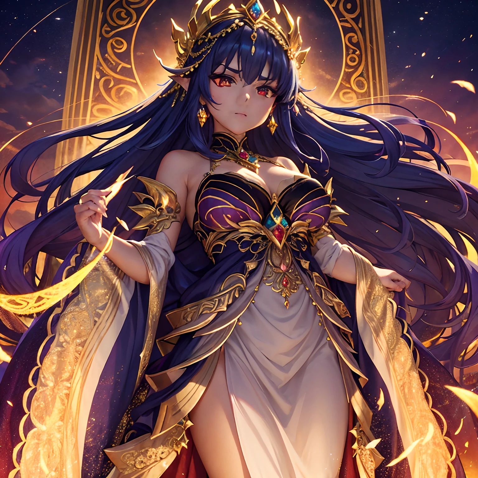 ((anime artstyle)),(Masterpiece),(Best Quality),(Super Detail),(Very Delicate and Beautiful),Solo,((full body)),((BlingBling)),((1 arrogant princess in beautiful embroidery black and gold gorgeous rococo ballgown with voluminous full length hoop skirt)),((crinoline)),gorgeousfull embroidery,Long train((arrogant,haughty)),(((arrogant smile))),Sharp eyes,(holding a luxurious scepter),((gorgeous gemstone jewelry)),detailed face and eyes,jewel-like eyes,Purple eyes,(Bangs between eyes),((large amount of straight hair,extremely Long voluminous black Hair)),((gigantic tits,Long tits)),gorgeousfull embroidery,cleavage,extremely gorgeousfull hair ornament,(bling-bling extremely gorgeousfull jeweled tiara),gorgeous corsage,(Dynamic Angle),Looking at viewer,((full body)),((beautiful embroidery and glitter jeweled black and gold gorgeous rococo ballgown with voluminous full length hoop skirt))