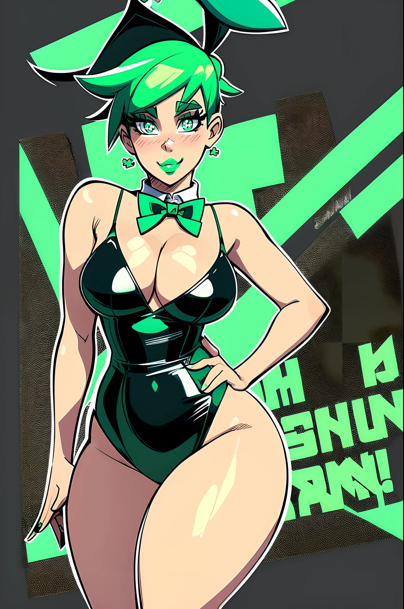 Mint_Skarpworld, gerph, very short hair, green hair, aqua hair, big eyes, small breasts, o3o, puckered lips, [green lipstick], (wide hips), thick thighs, black bunny outfit, bowtie, rabbit ears, rabbit pose, standing, full body, smile