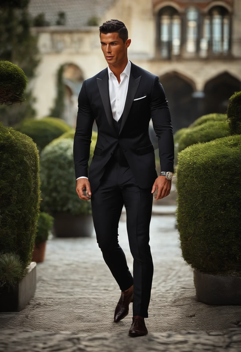 cristiano ronaldo como homem de meia-idade estava vestido com uma luxuosa camisa cinza, and the dragon walked a little majestically, e as sobrancelhas grossas em seu rosto adicionavam um pouco de orgulho a isso --auto --s2