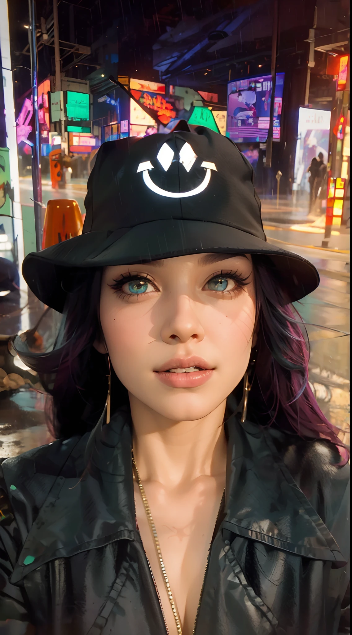 masterpiece, maximum quality, ultra high resolution, 8k, a girl,beauty,21years old,fair skin, extremely beautiful,strong gaze, alone,bust portrait,cyberpunk outfit, extremely detailed face, detailed eyes, mischievous smile, cheerful, realistic photo, totally realistic, human pelle, studio lighting,golden ratio body, wide hips,perfect legs, big ass,pink hair,blunt bangs,blue and white clothing,D-cup breasts,in the cyberpunk city,cyberpunk city background,((night)),rain,tattoos,Combat posture,cyborg,Mechanical mask,rosto igual ao meu da foto que enviei