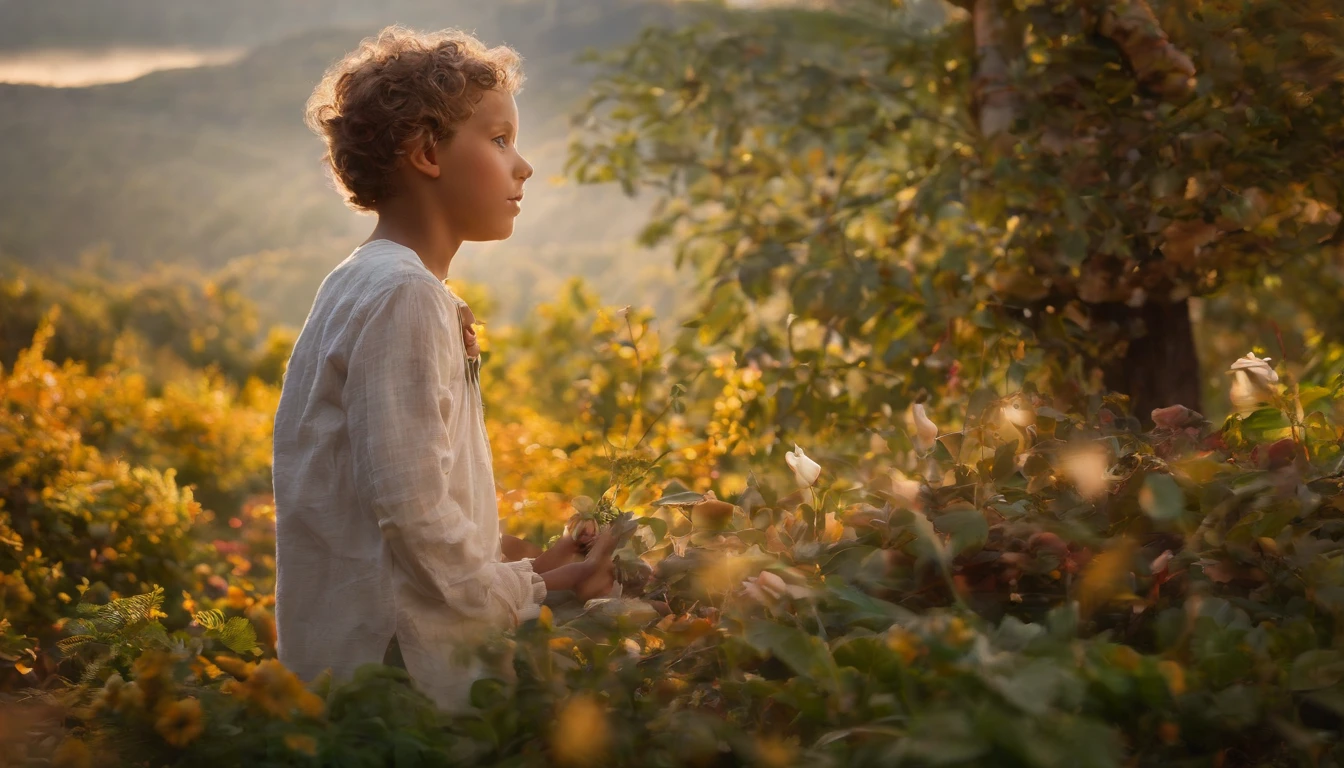 A vibrant young boy immersed in a world adorned with mesmerizing beauty. Enveloped by nature's splendor, he traverses a tapestry of vivid colors, embracing the essence of every moment. In this kaleidoscope of wonder, his spirit thrives, harmonizing with the delicate dance of flora and fauna. He finds solace in the whispers of leaves and the gentle caress of sunlight upon his cheeks. The world unfolds before his eyes, an ever-unfolding masterpiece of enchantment and infinite possibilities.