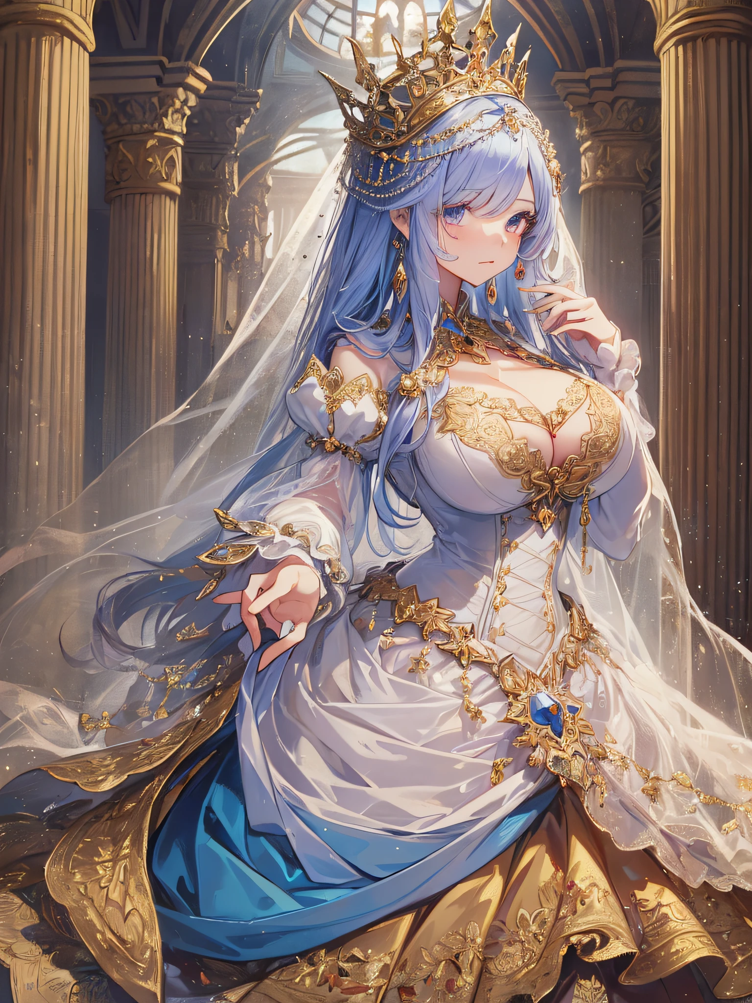 ((anime artstyle)),(Masterpiece),(Best Quality), (Super Detail),((Very Delicate and Beautiful)),1 girl,((full body portrait)),standing in palace of versailles,((solo)),digital art,(((1 princess in gorgeous princess rococo ballgown with voluminous full length hoop skirt))),crinoline,long train,(((gigantic tits,very huge tits,Long tits,skindentation))),((beautiful embroidery and jeweled)),voluminous frills,See-through,(gorgeous embroidery and beautiful lace),((large amount of straight hair,extremely voluminous Hair,Very Long Straight Hair)),((finely detailed face and eyes)),clear pupil,extremely gorgeousfull hair ornament,(bling-bling jeweled extremely gorgeousfull tiara),(bling-bling gorgeous gemstone jewelry),long veil,(beautiful background),full body,((gorgeous princess rococo ballgown with voluminous full length hoop skirt))