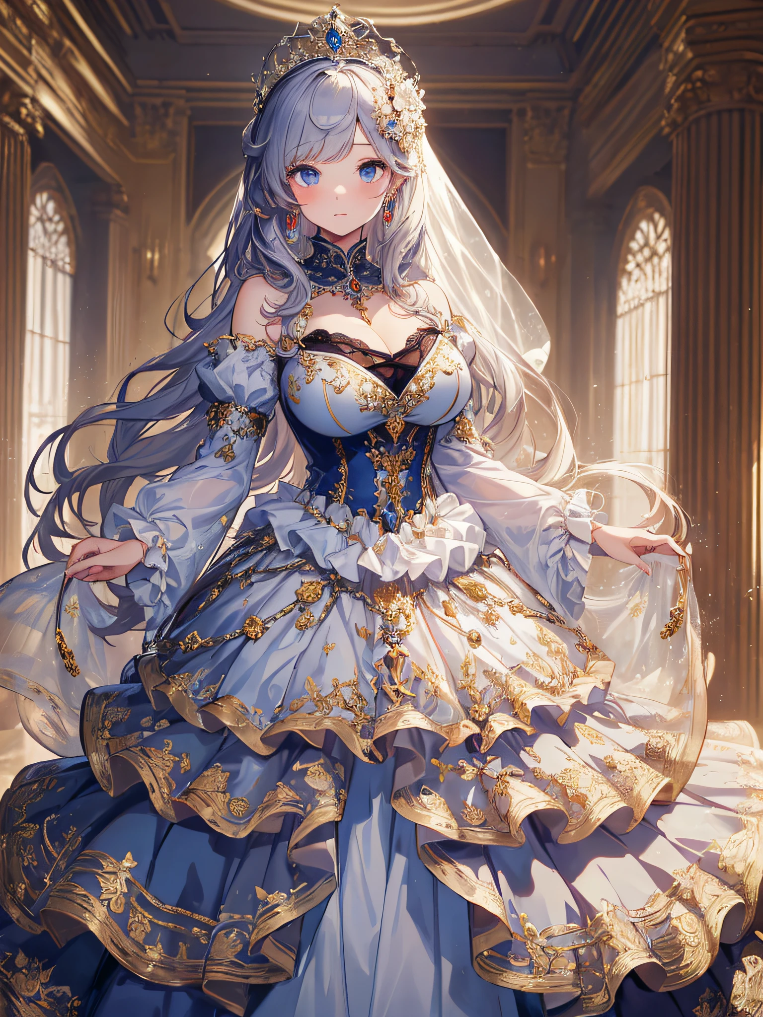 anime artstyle,Masterpiece,(Best Quality), (Super Detail),(Very Delicate and Beautiful),(Solo),((full body portrait)),full body,full body portrait,(detailed face and eyes),jewel-like beautiful eyes,((1 princess in a beautiful embroidery and jeweled rococo princess ballgown with voluminous full length hoop skirt)),((fantasy castle,outdoors,outside the castle)),((Crinoline,Long Train)),super detailed gorgeous princess ballgown with voluminous full length hoop skirt,jeweled Gorgeous rococo princess ballgown with long train,jeweled Gorgeous rococo princess ballgown with long train,gorgeous rococo princess ballgown with beautiful embroidery and jeweled,((large amount of straight hair,extremely voluminous Very Long straight Hair,Absolutely Long Straight Hair)),(((very gigantic boobs,cleavage))),long_gloves,extremely gorgeousfull hair ornament,bling-bling extremely gorgeousfull jeweled tiara,luxurious jewelry,full body portrait