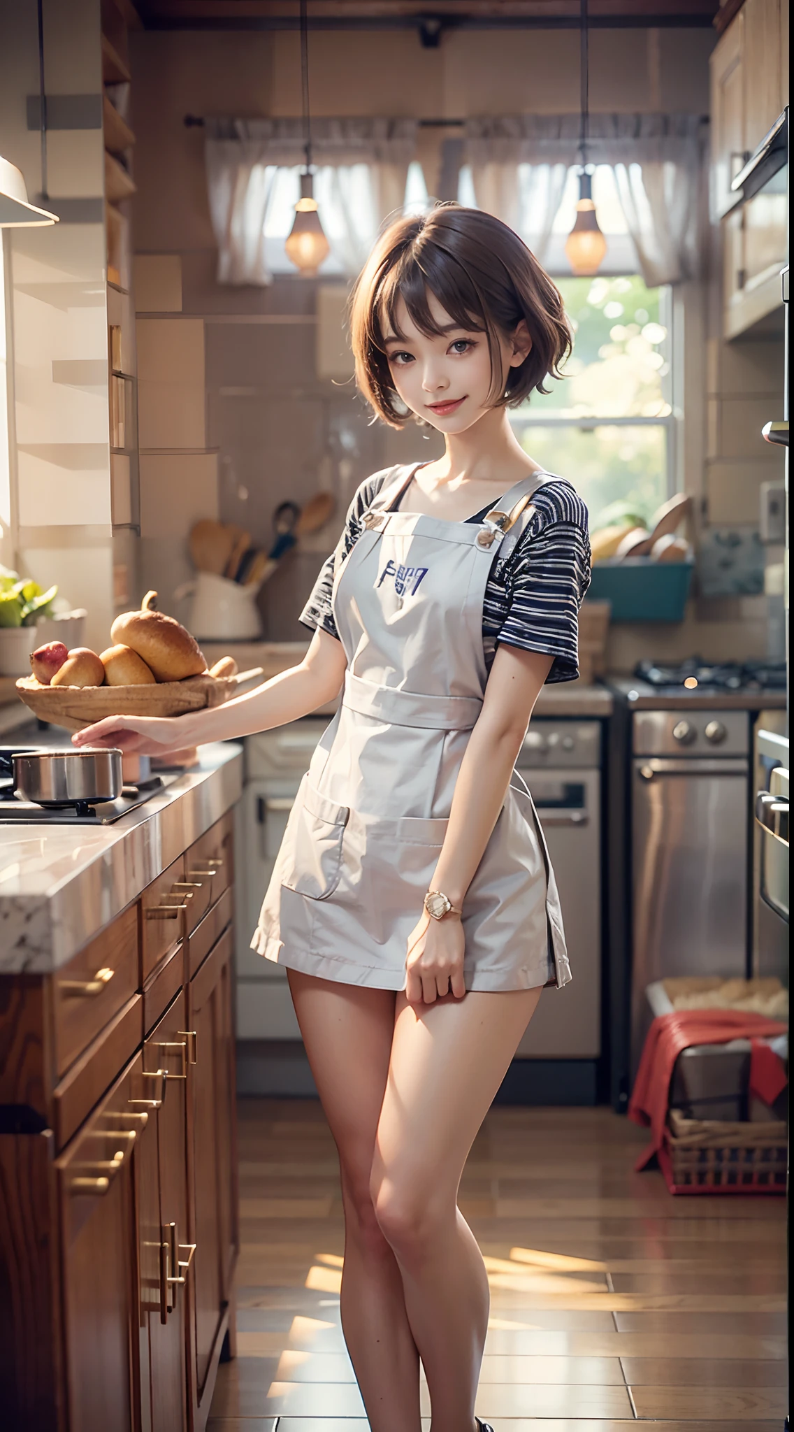 (The FW), 1womanl, Solo, 24 year old, 7headed body, (cute face), (Ideal ratio body proportions), ((Composition from head to thigh)), Kitchen room, patissier, (((pinafore))), erectile nipple, Navel Ejection, Cameltoe, Sexy body, Wet, Smiling smile, short-hair, Dark hair, small tits, A slender, Small buttocks, beauty legs, Skinny Legs, surrealism, Cinematic lighting, depth of fields, One-person viewpoint, F/1.8, 135 mm, nffsw, masutepiece, ccurate, ((Anatomically correct)), Textured skin, Super Detail, high details, High quality, awardwinning, Best Quality, hight resolution, 8K
